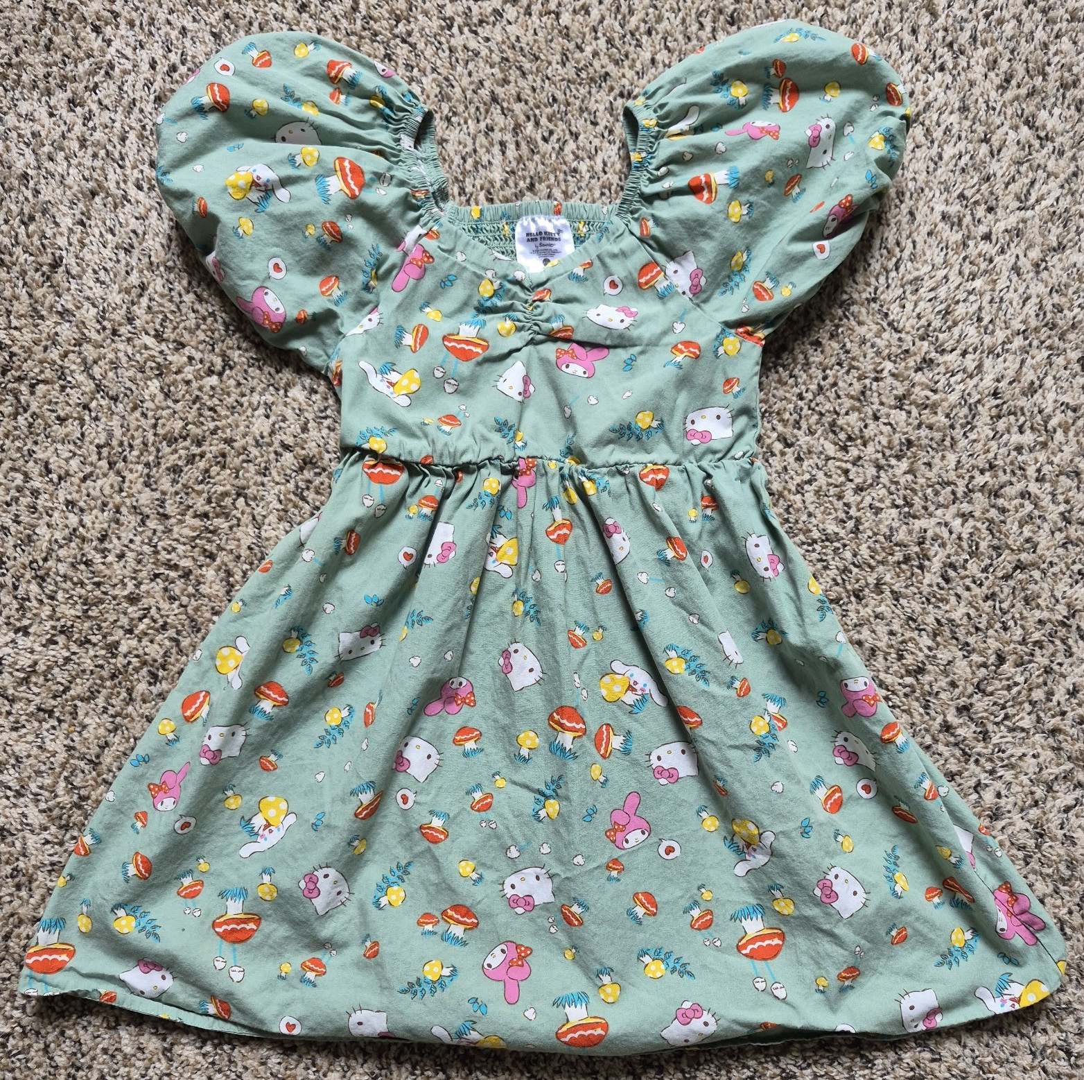 Sanrio Hello Kitty & My Melody Green Smocked Puff Sleeve Fit & Flare Dress S
