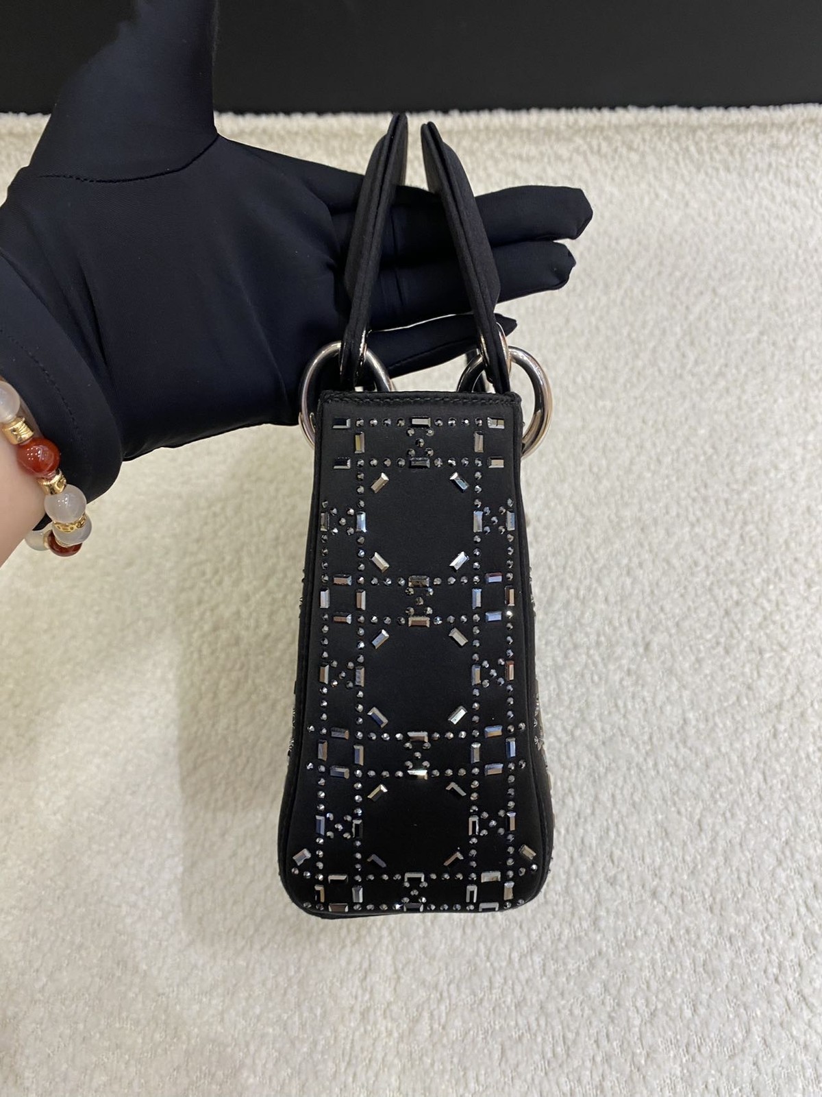 Dior Lady Dior Mini Black Satin Rhinestone 3-Grid Top Handle Bag Duty Paid