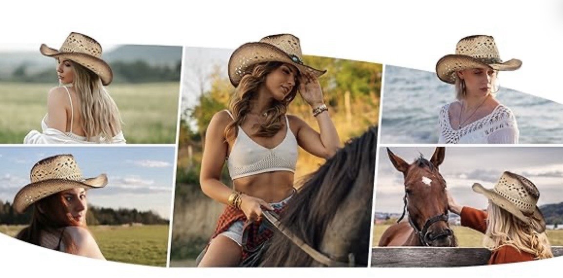 Women’s Straw Cowboy Hat, Breathable Western Cowgirl Hat W/2 Decorative Bands