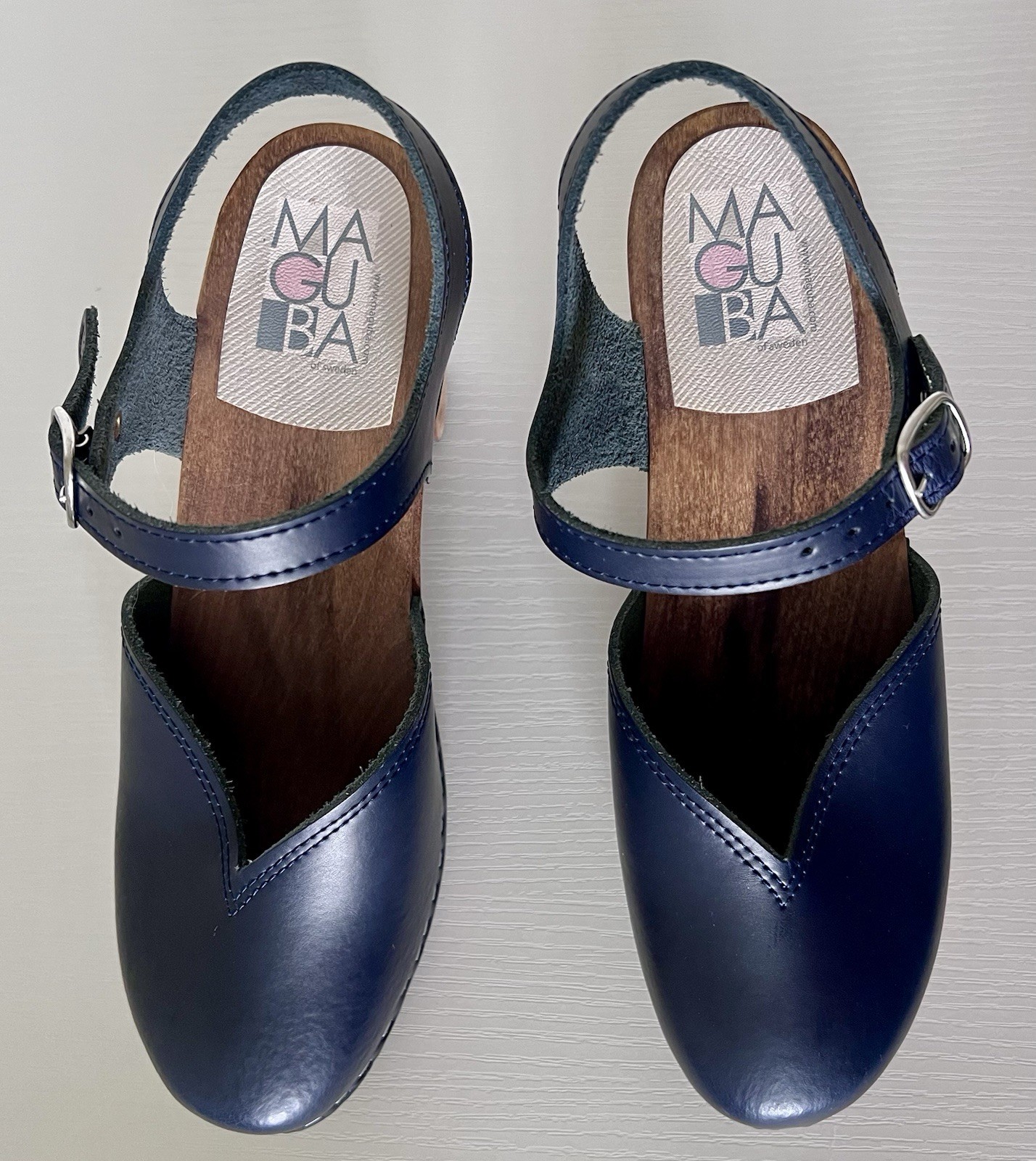 HTF Maguba Sweden Florence Wooden Clogs High Heel Tulip Cut Navy Leather Size 39