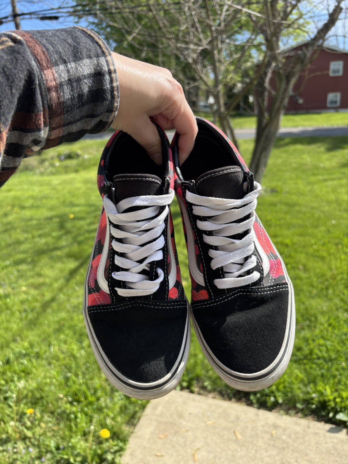 Vans Old Skool Hearts Lace Up Black Red Suede Skate Shoes US Size 6 M 7.5 W