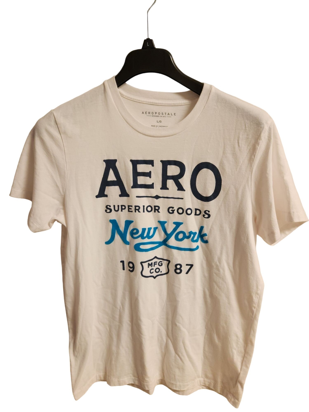 Aeropostale White T Shirt Sz L AERO Superior Goods New York Flocked Preowned GC