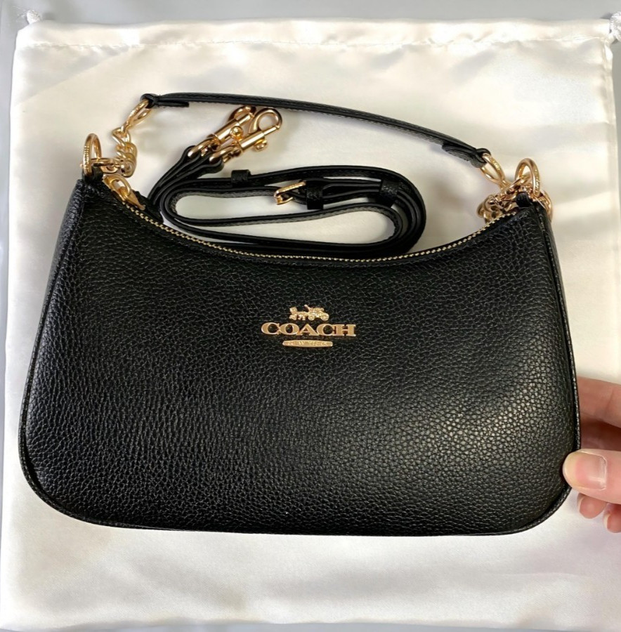 COACH CA209 TERI Shoulder Bag Hand Bag Black Refined Pebble Leather Outlet