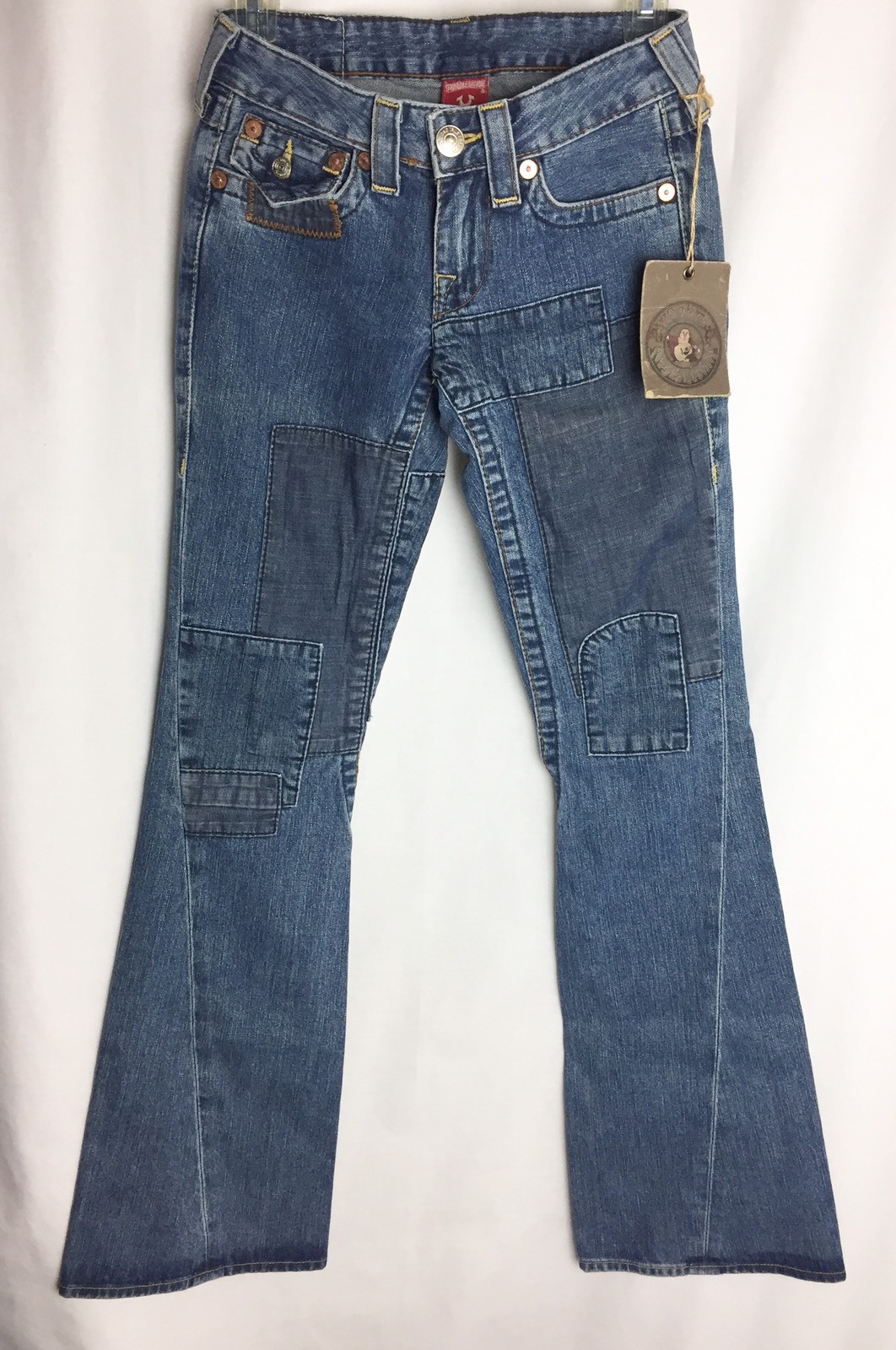 NWT True Religion Joey Patch Old Stone Twisted Flare Jeans 25×32 Retail $240