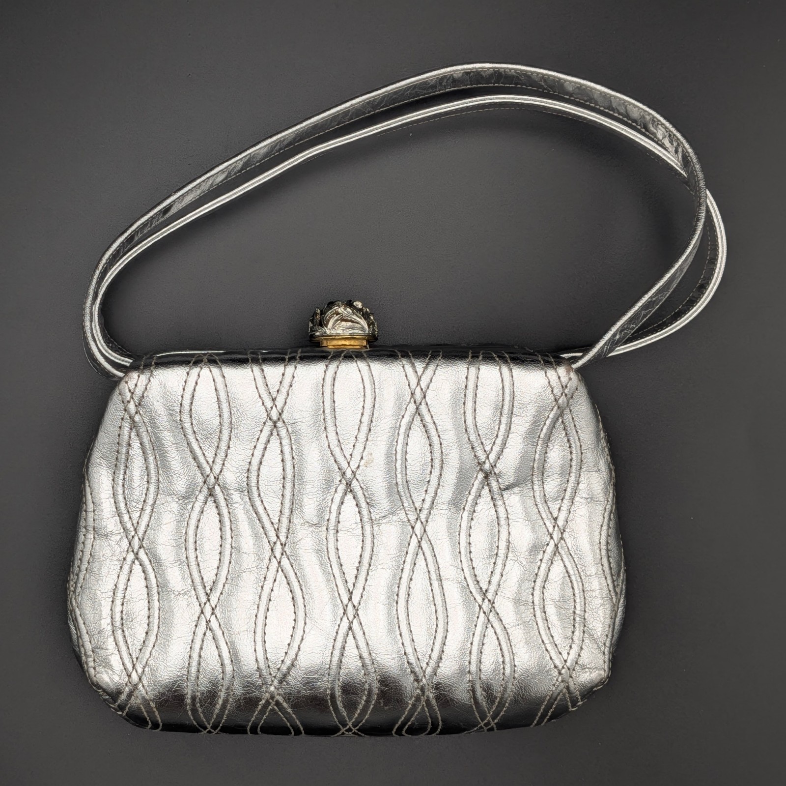 Morris Moskowitz Silver Metallic Evening Bag Quilted Embroidered Frame Purse