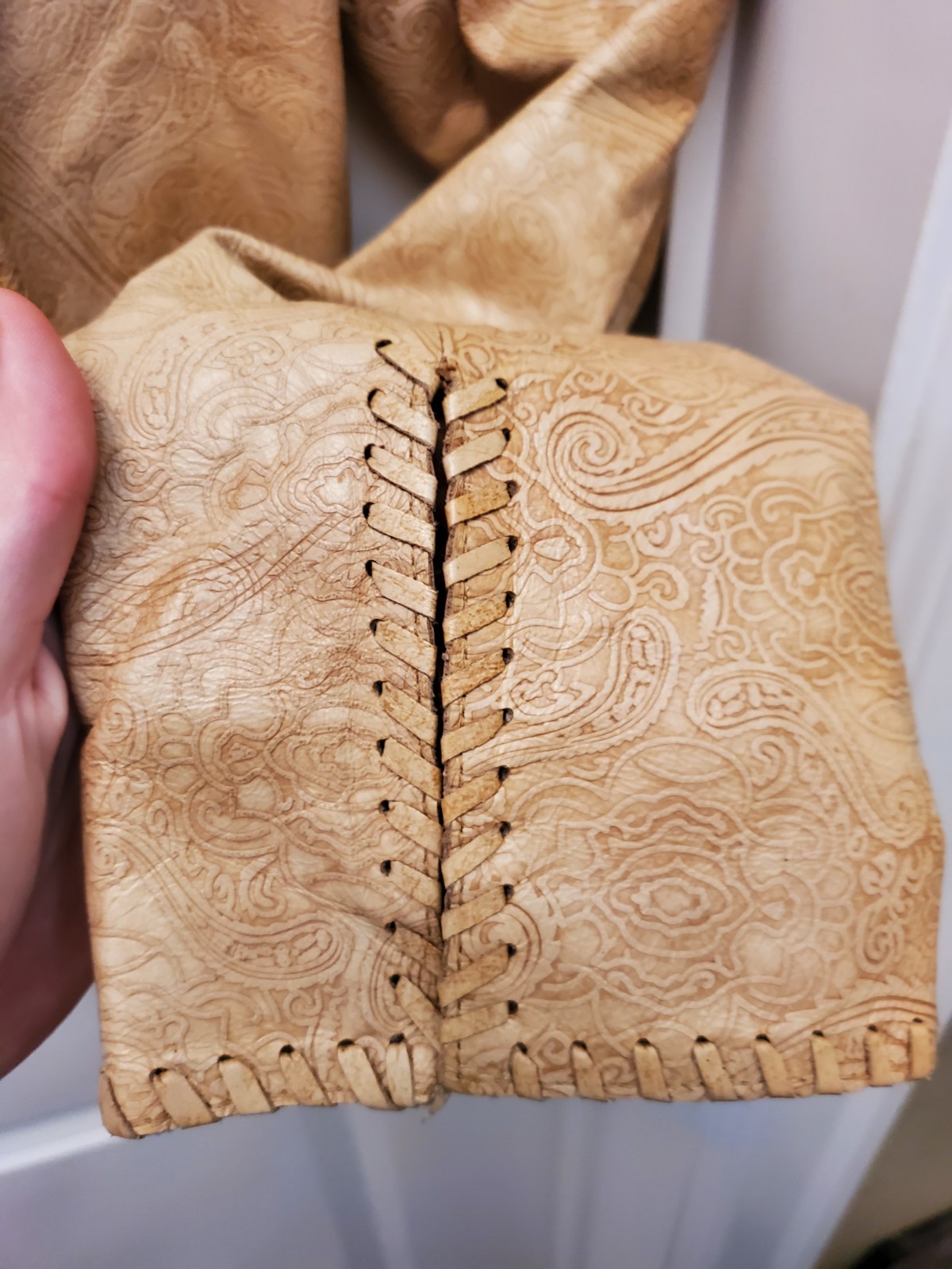 Moda International Tan Genuine Leather Jacket Paisley Textured Whipstitch Women