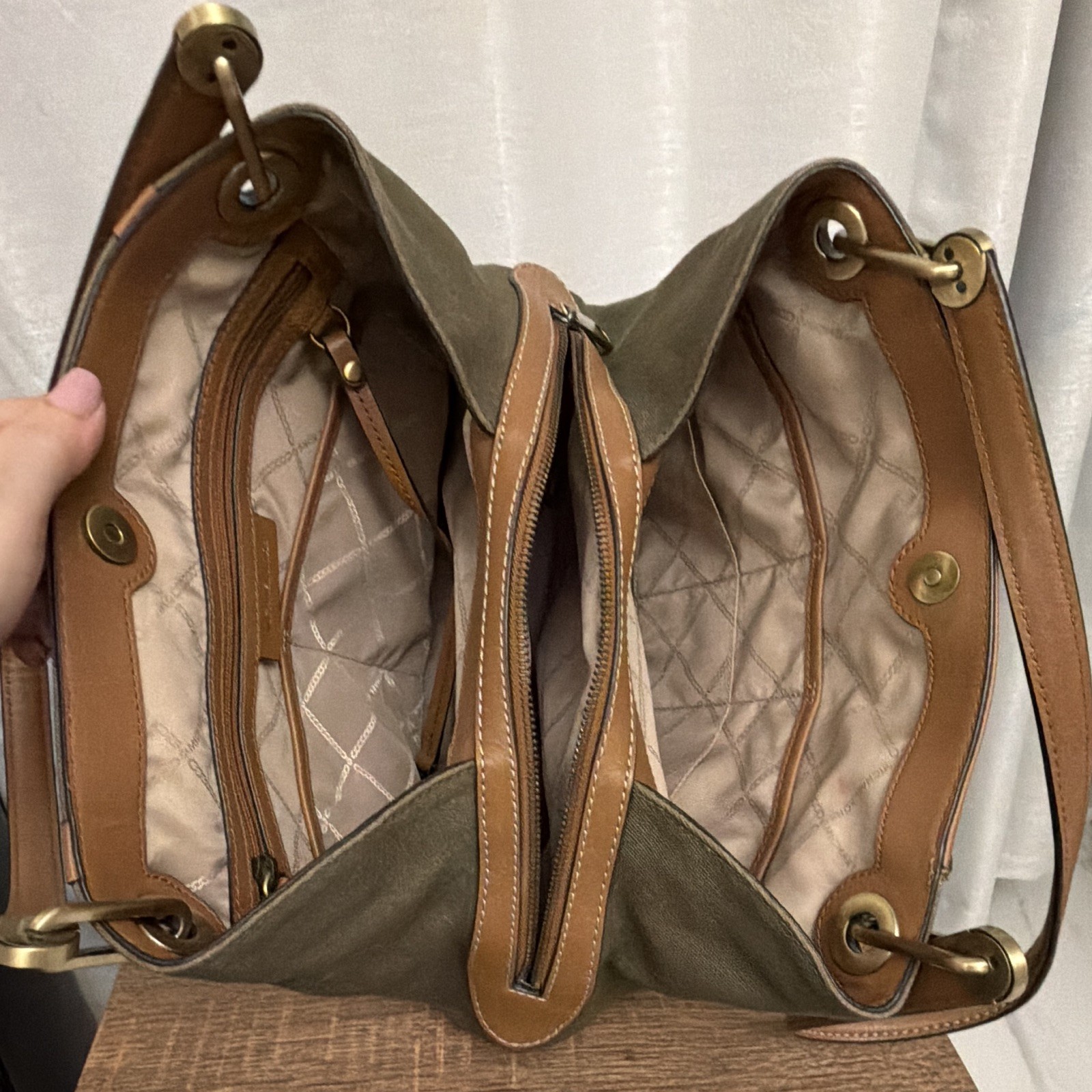 Michael Kors Green Brown Shoulder Bag Zip & Magnetic Closure Gold Hardware Studs