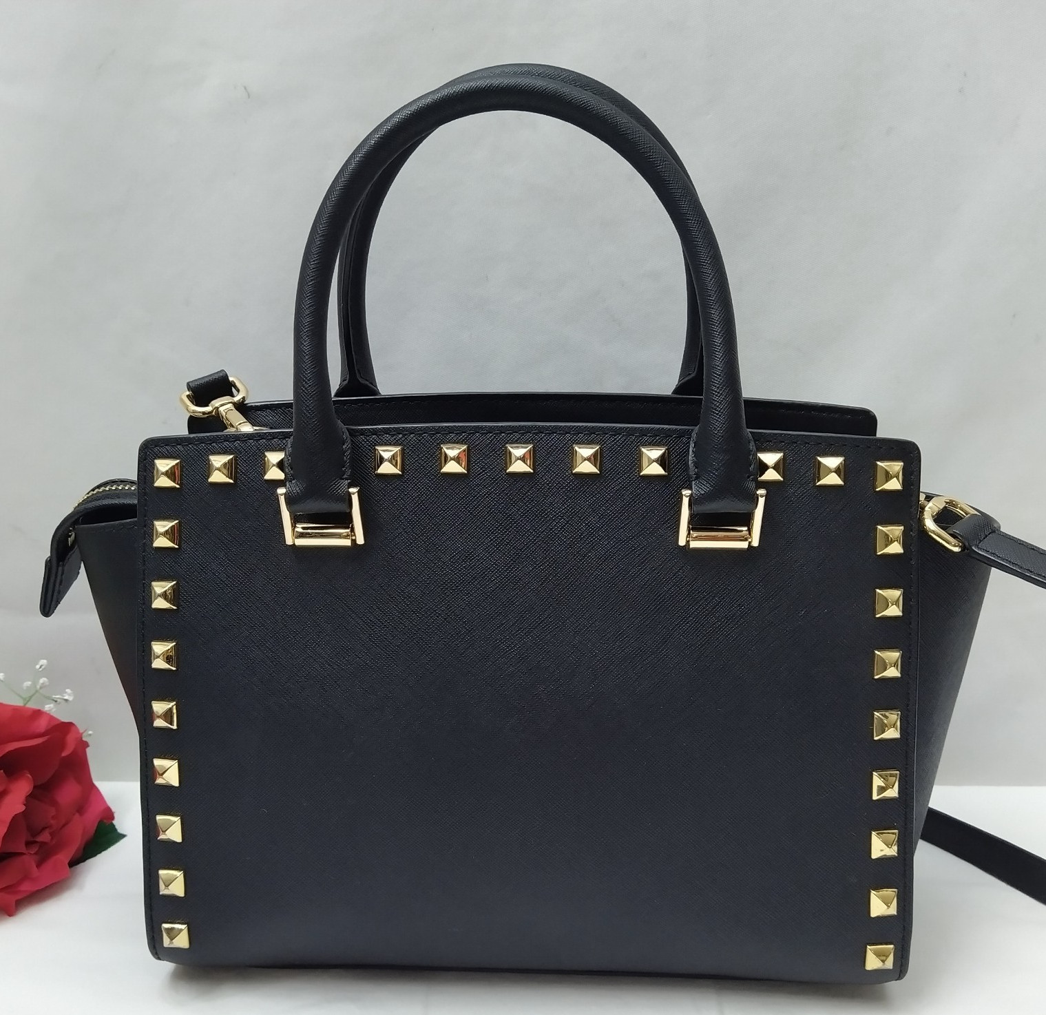 Michael Kors Black Leather Studded Double Handles Satchel Bag
