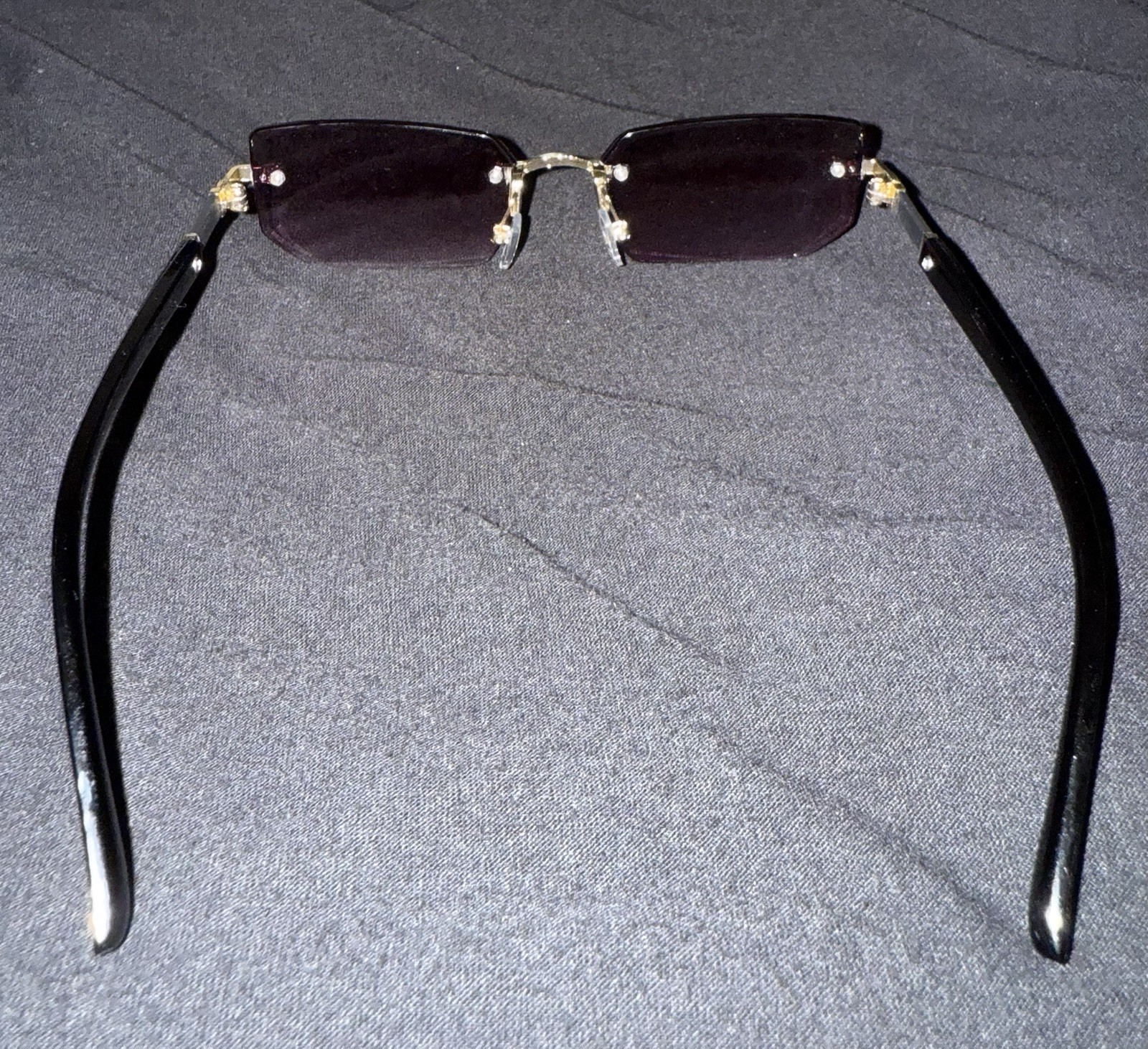 Rimless Rectangle Purple Tinted Lens Sunglasses Gold Frame Black Arms