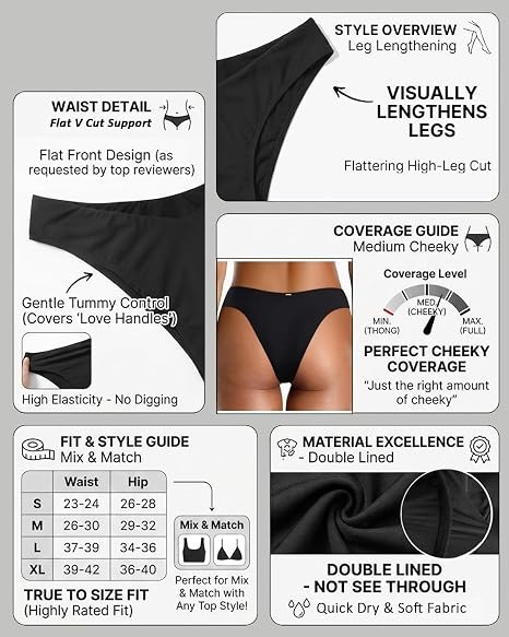 (S) Women’s V-Cut Bikini Bottoms Cheeky High Cut Swim Bottoms
