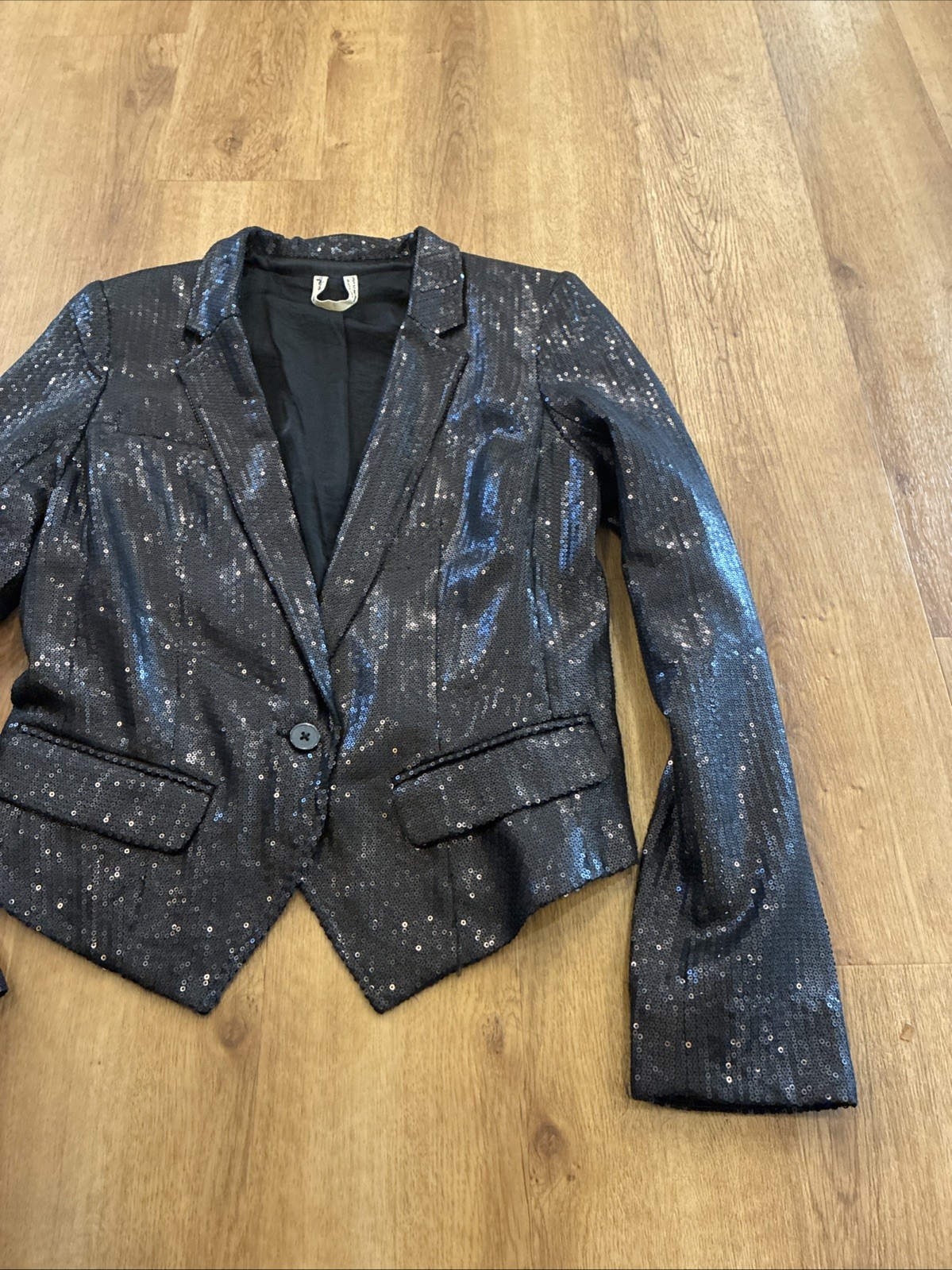 Free People Size 4 Black Sequin Notched Lapel One button Tailored Blazer
