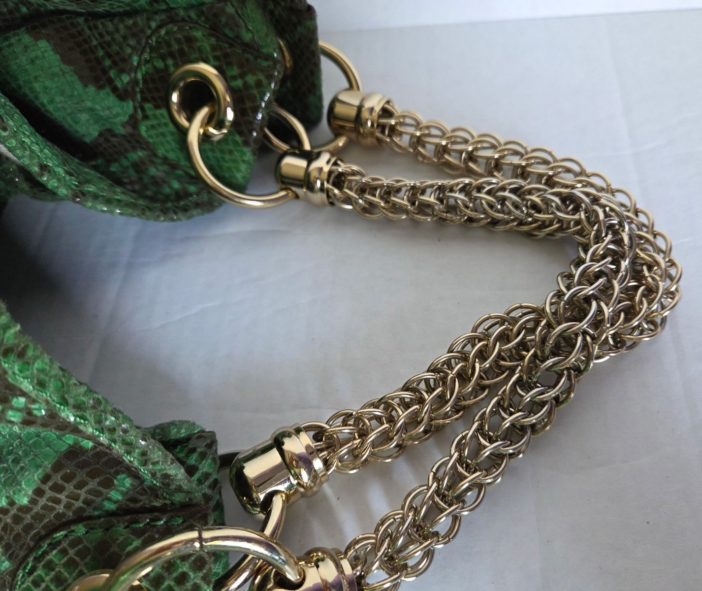 Antonio Melani Green Snake Print Leather Hobo Shoulder Bag Gold Chain Large