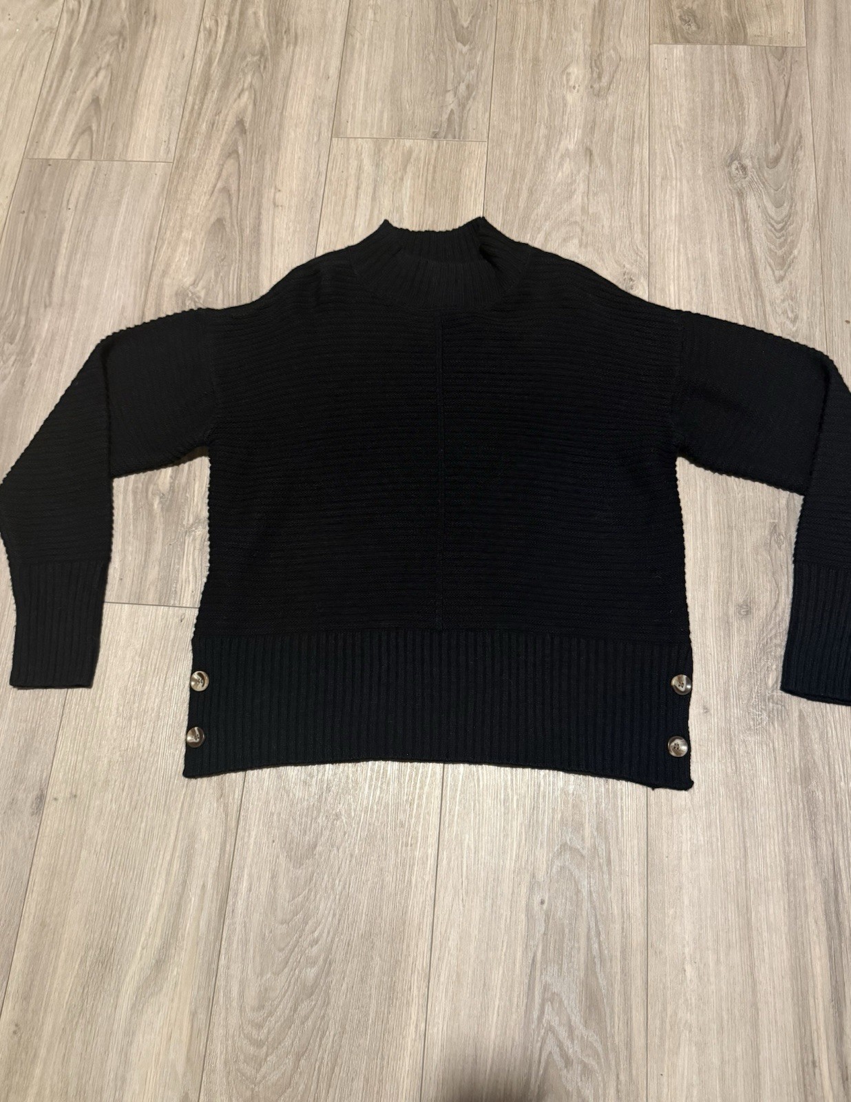 Kathy Ireland Women’s Black Mock Neck Knit Pullover Sweater Button Accents M