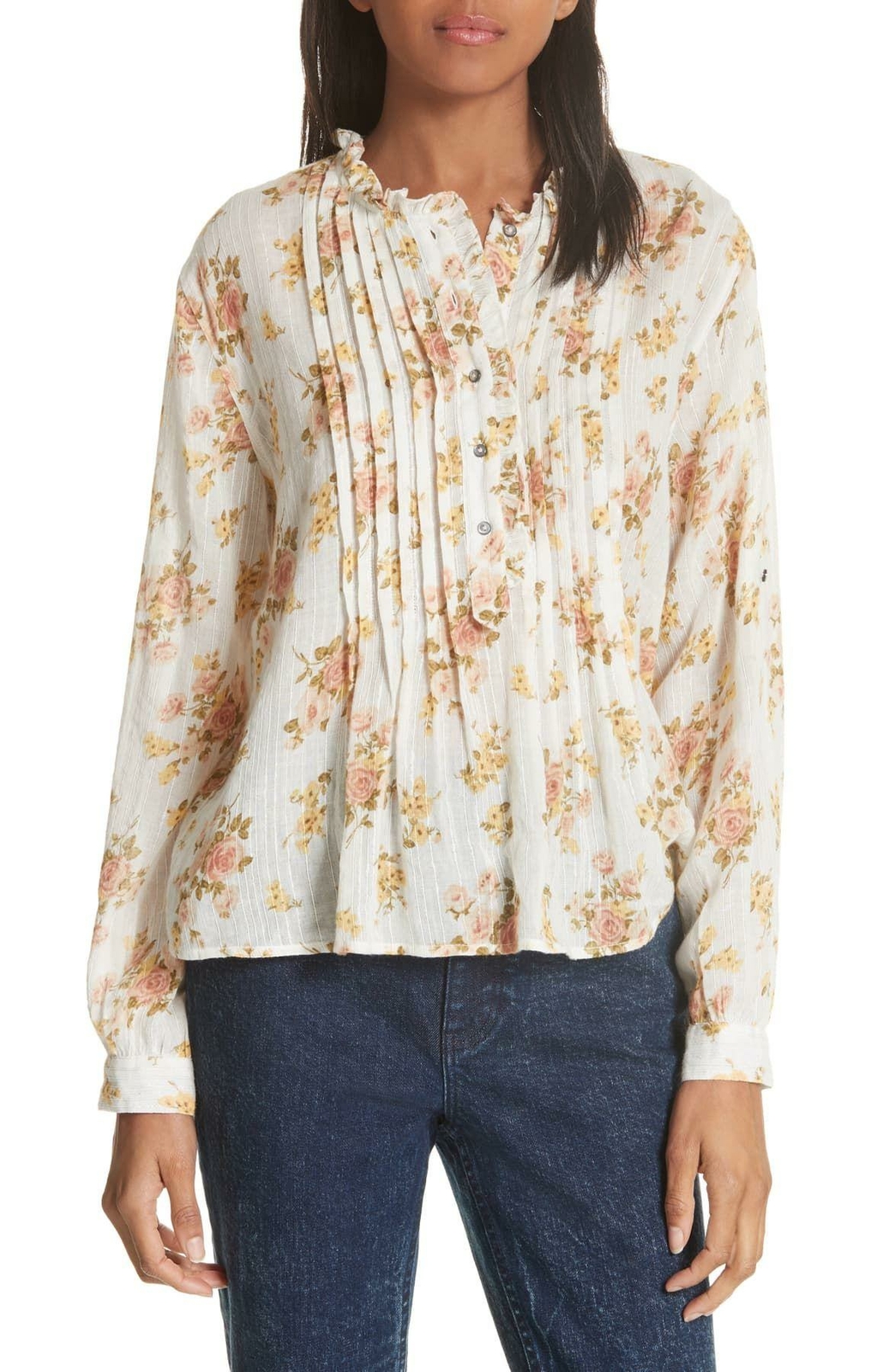 LA VIE REBECCA TAYLOR Ivory Metallic Floral Madeleine Cotton Blend Blouse Sz S