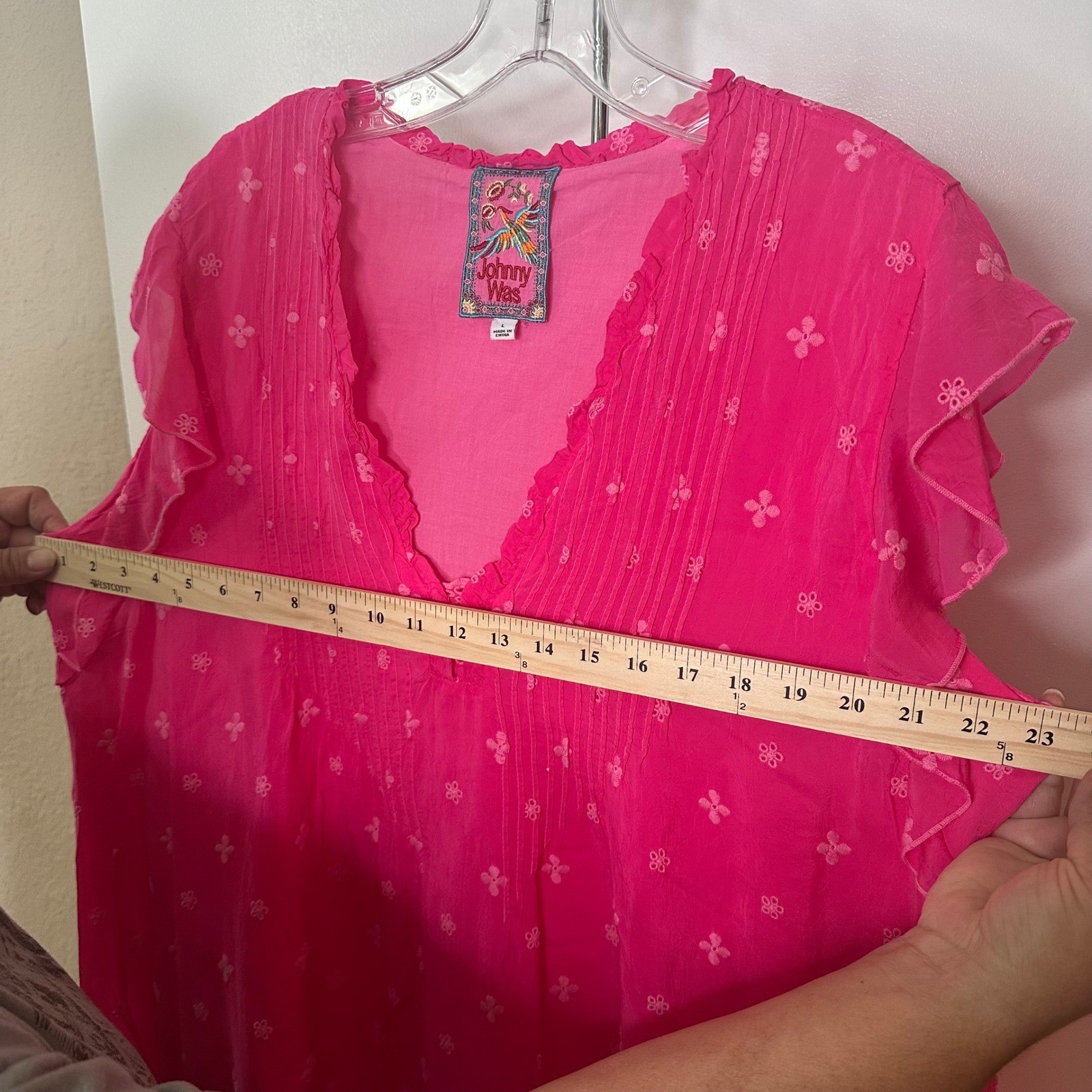 Johnny Was Hot Pink Embroidered Silk Blend Tunic Top Lace Trim V-Neck Large