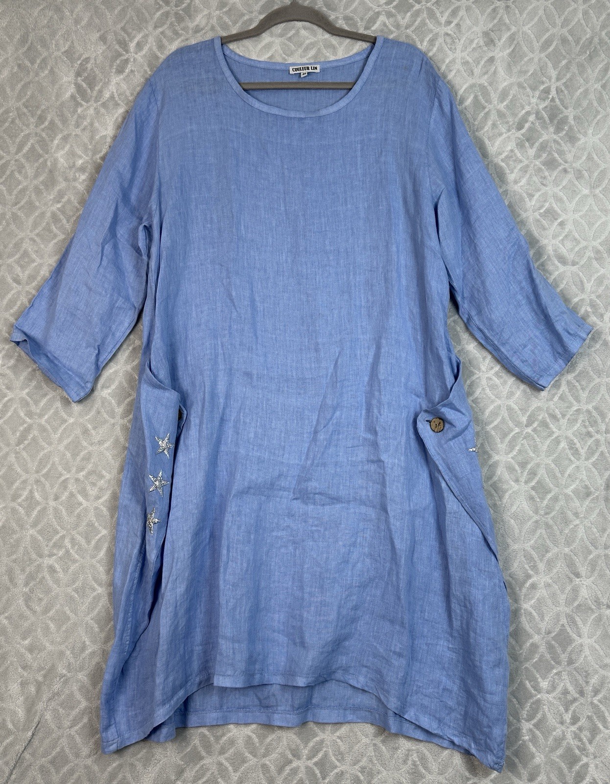 Couleur Lin Linen Midi Dress 10/12 Large IT46 Blue Asymmetrical Lagenlook Artsy