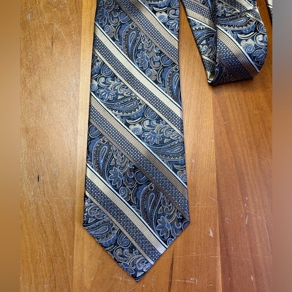 Pronto Uomo Mens Silk Tie Blue Gold Silver Paisley Striped Woven Necktie
