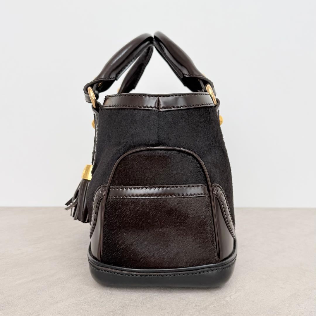 CELINE Calf Hair Boogie Bag Tote Bag Leather Dark Brown Tassel Vintage Used F/S
