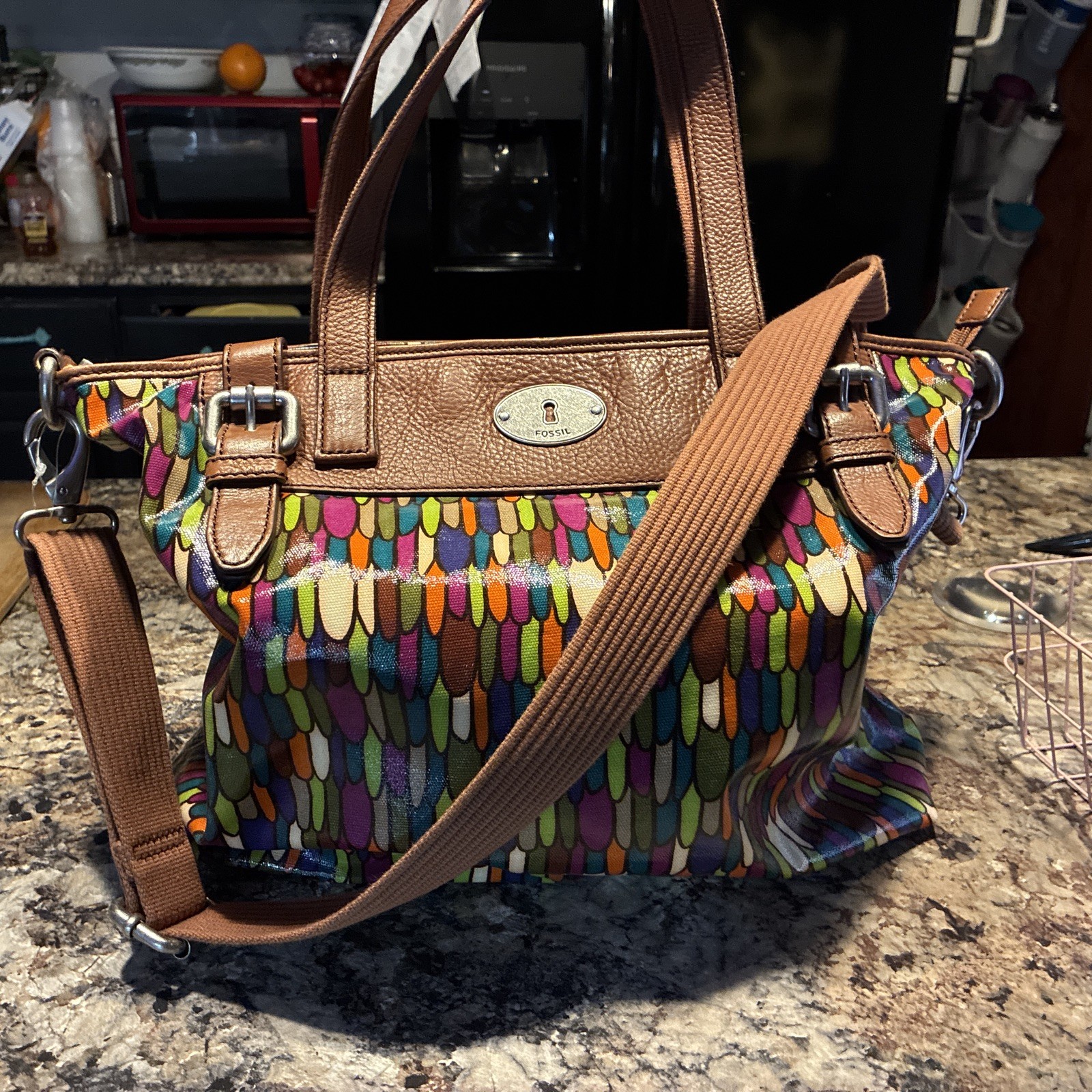 Fossil Key-Per Multicolor Stripe Coated Canvas Leather Shoulder Bag 13×11.5×4