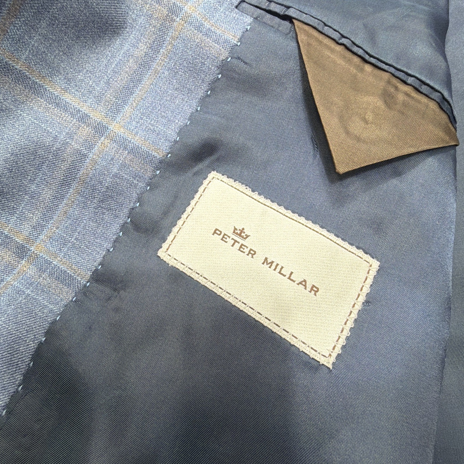 Peter Millar Sport Coat Blazer 42R Blue Plaid Windowpane Check Modern Formal Men