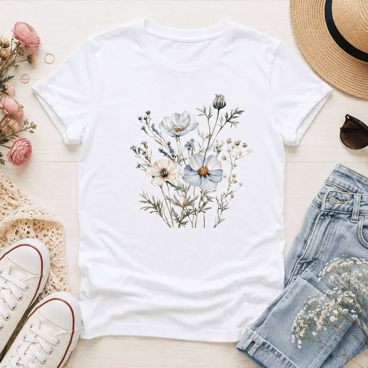 Wildflower Garden Watercolor Tee – Elegant Floral Cottagecore Graphic Shirt