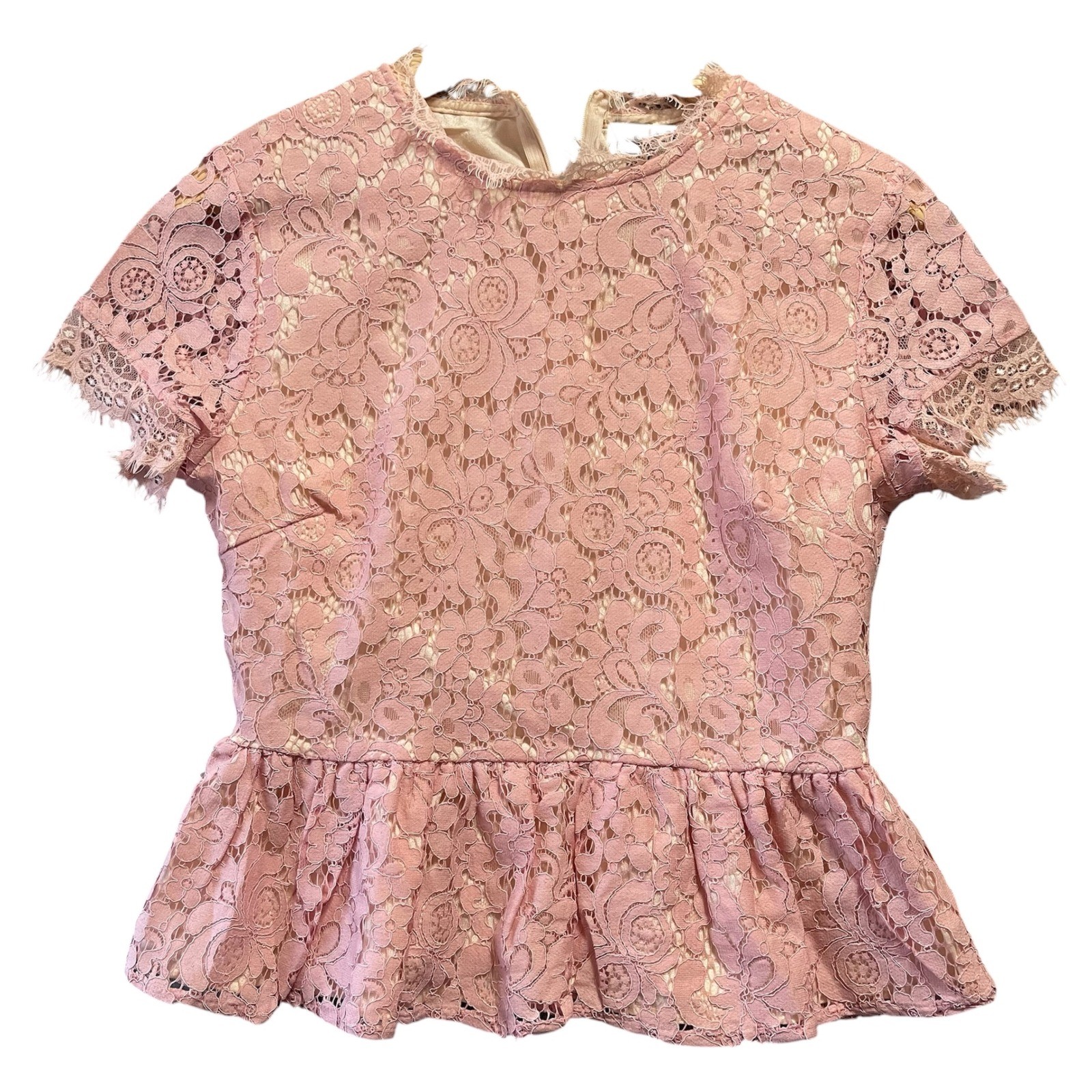 On Twelfth Womens Peplum Top M Pink Lace Floral Short Sleeve Zipper Back Party