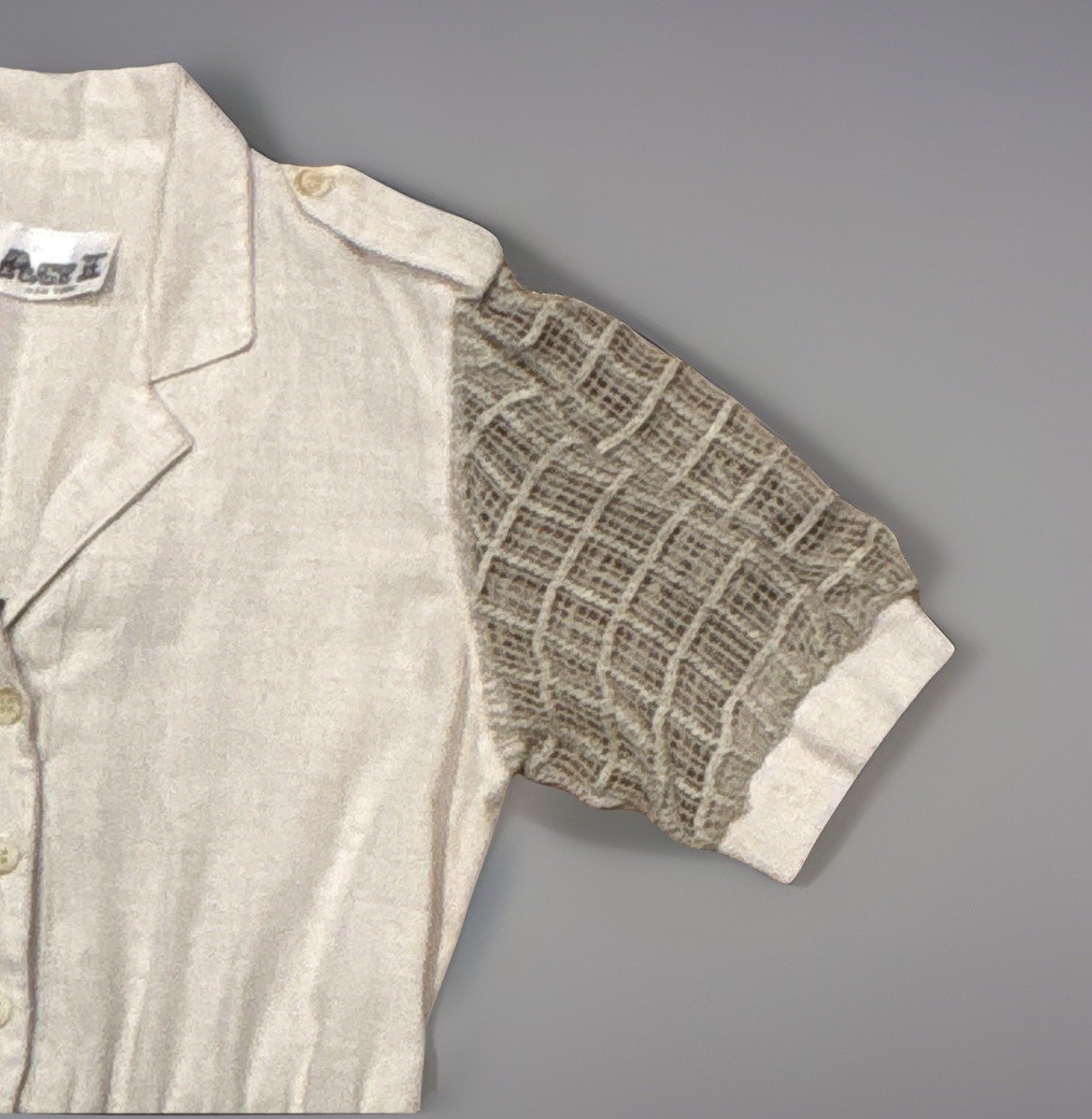 Vintage Beige Linen A-Line Collared Button Front Dress Short Sleeve 9-10