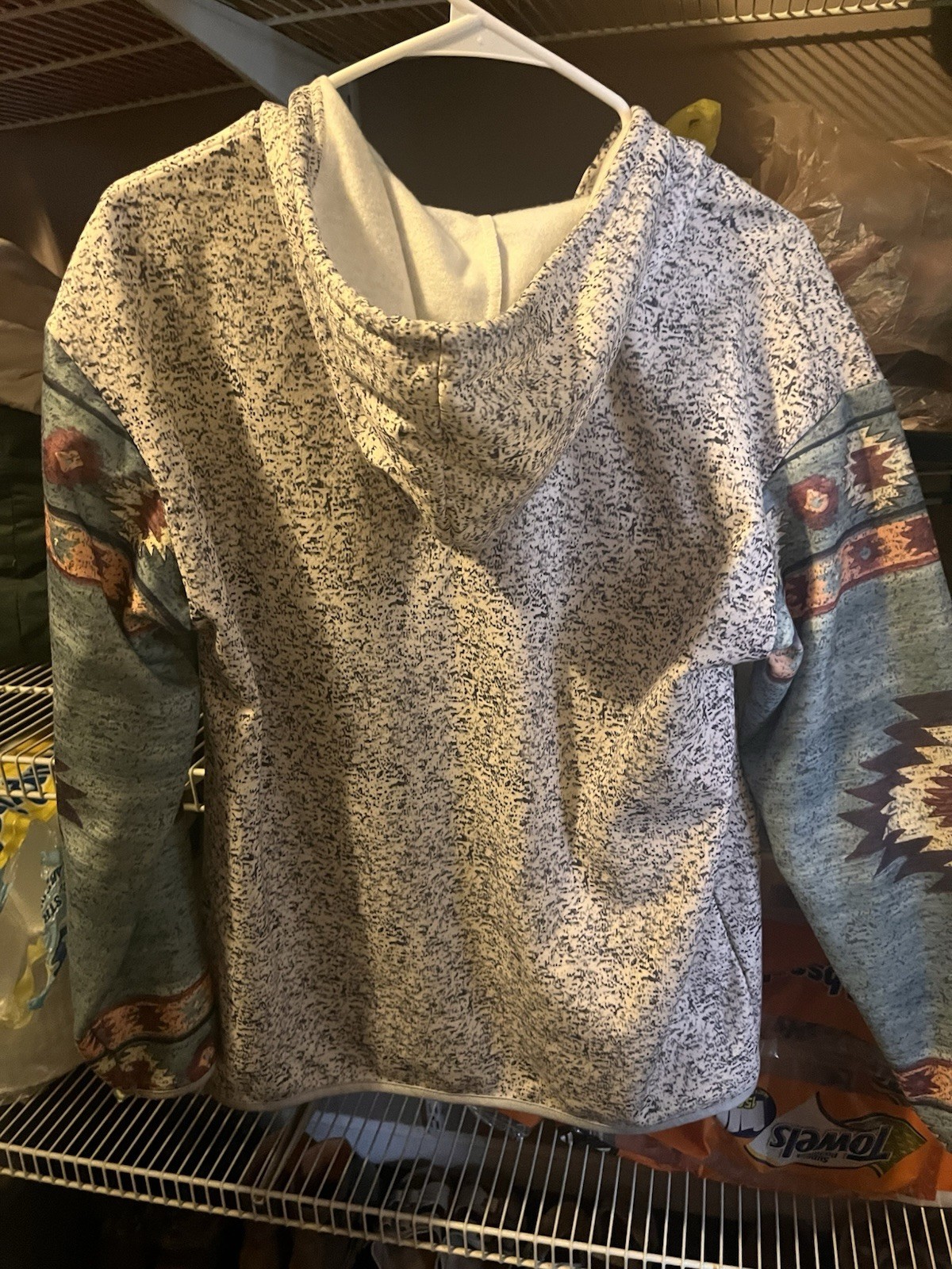 Aztec Geometric Pullover Hoodie Gray/Blue Button Neck Pockets Drawstring S