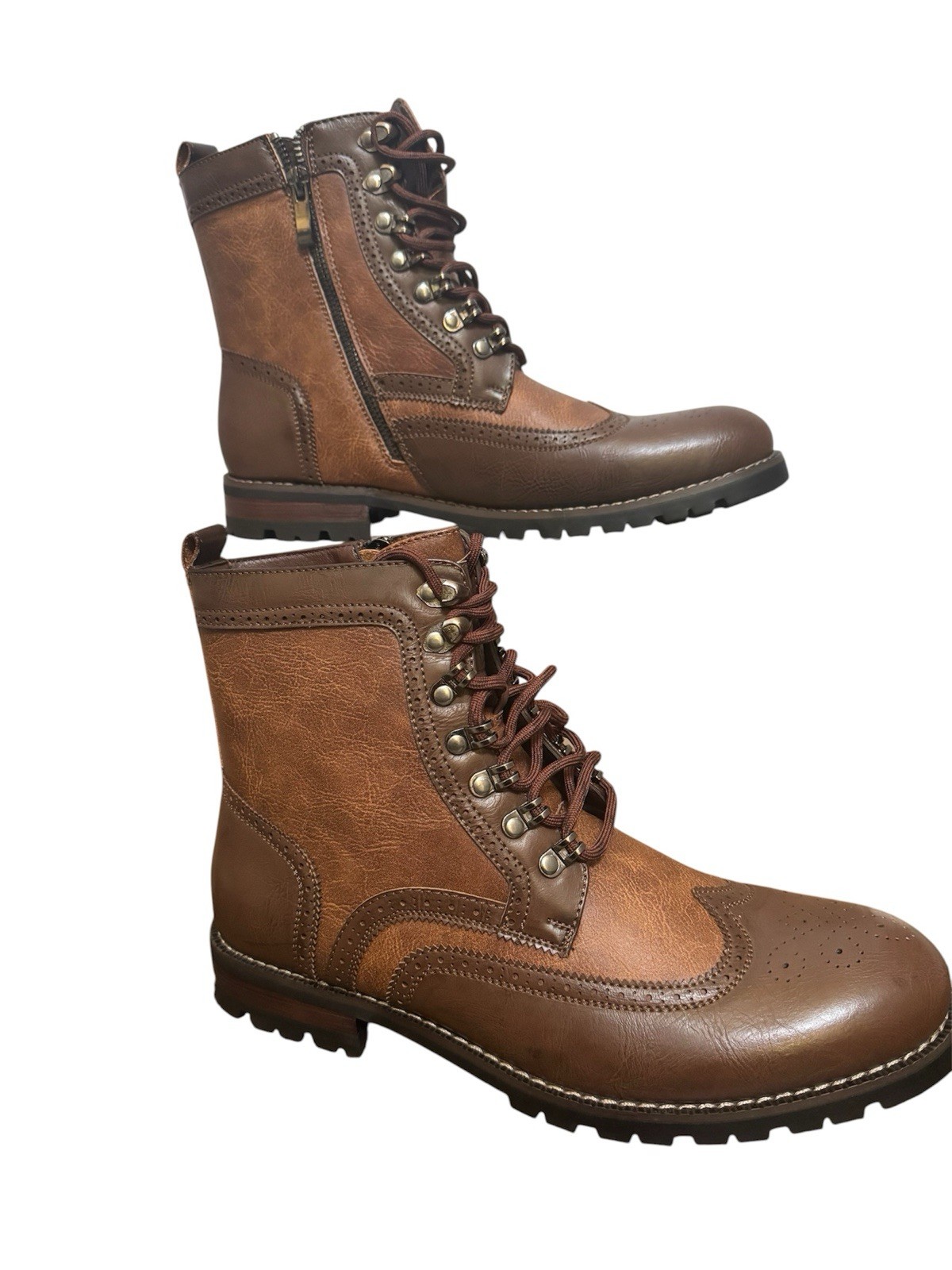 Men’s Brown Leather Combat Boots Lace Up with Zipper and Broguing