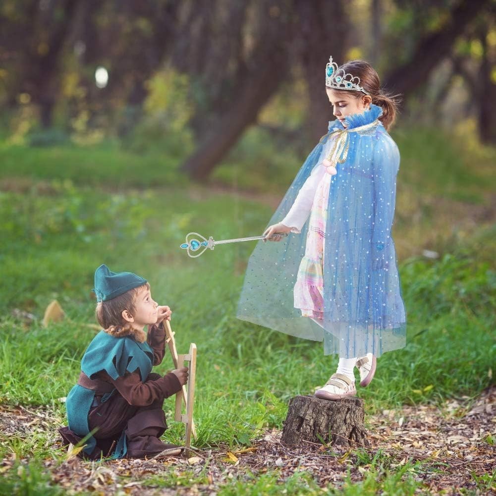 Princess Cape Set, 7 Pcs Girls Dress up Blue Cloak w/ Tiara Crown & Wand Costume