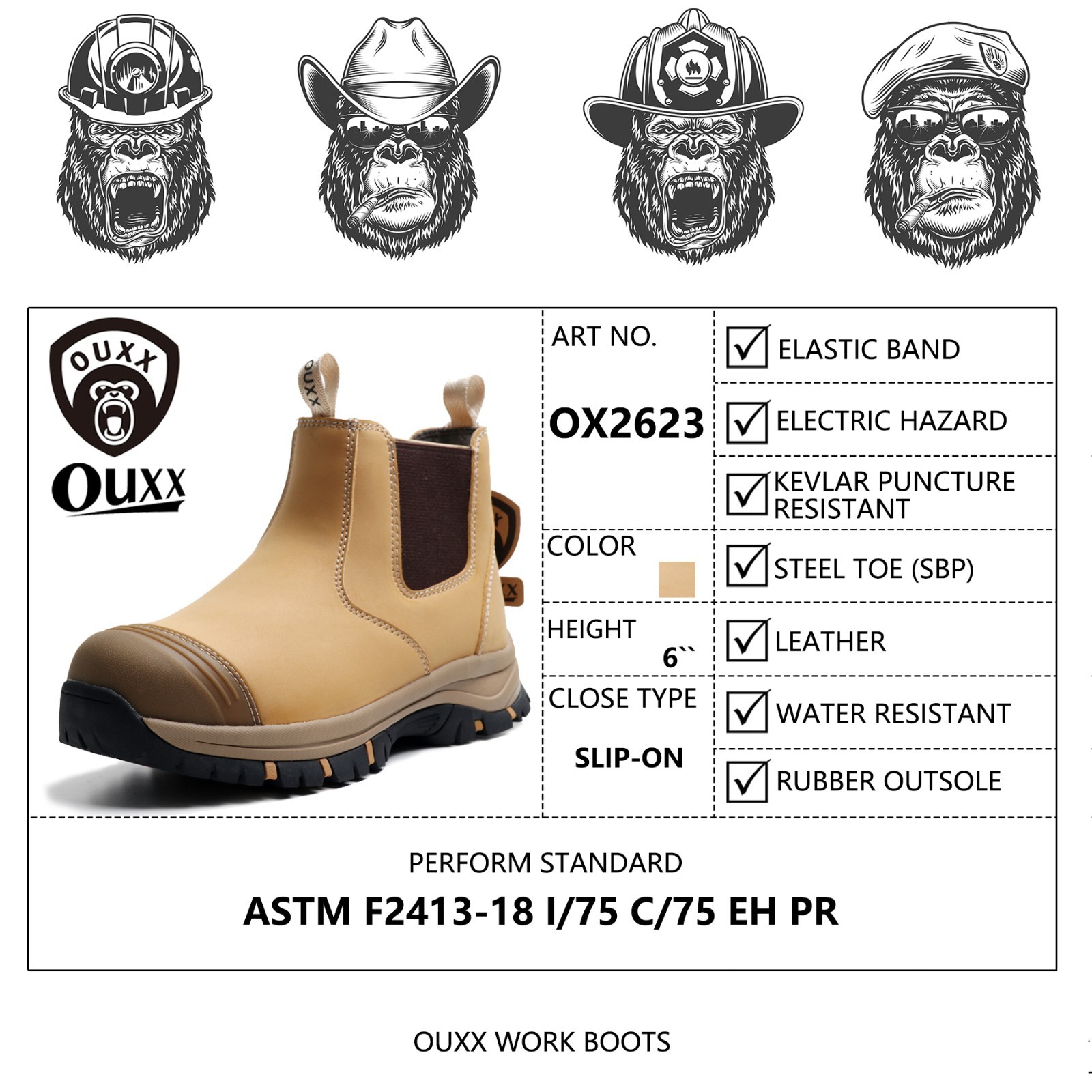 OUXX Steel Toe Chelsea Work Boots for Men, 6 inch, Slip-On, Rubber Outsole