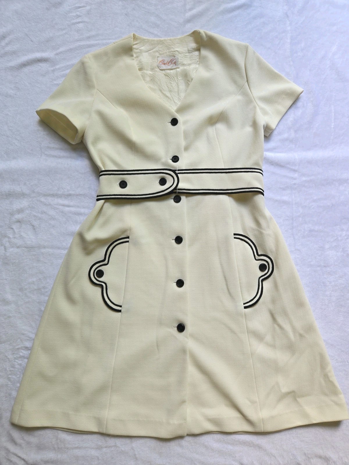 60s 70s Mod Dress Cream White Contrast Trim Button Front Belted Pocket Sz M L
