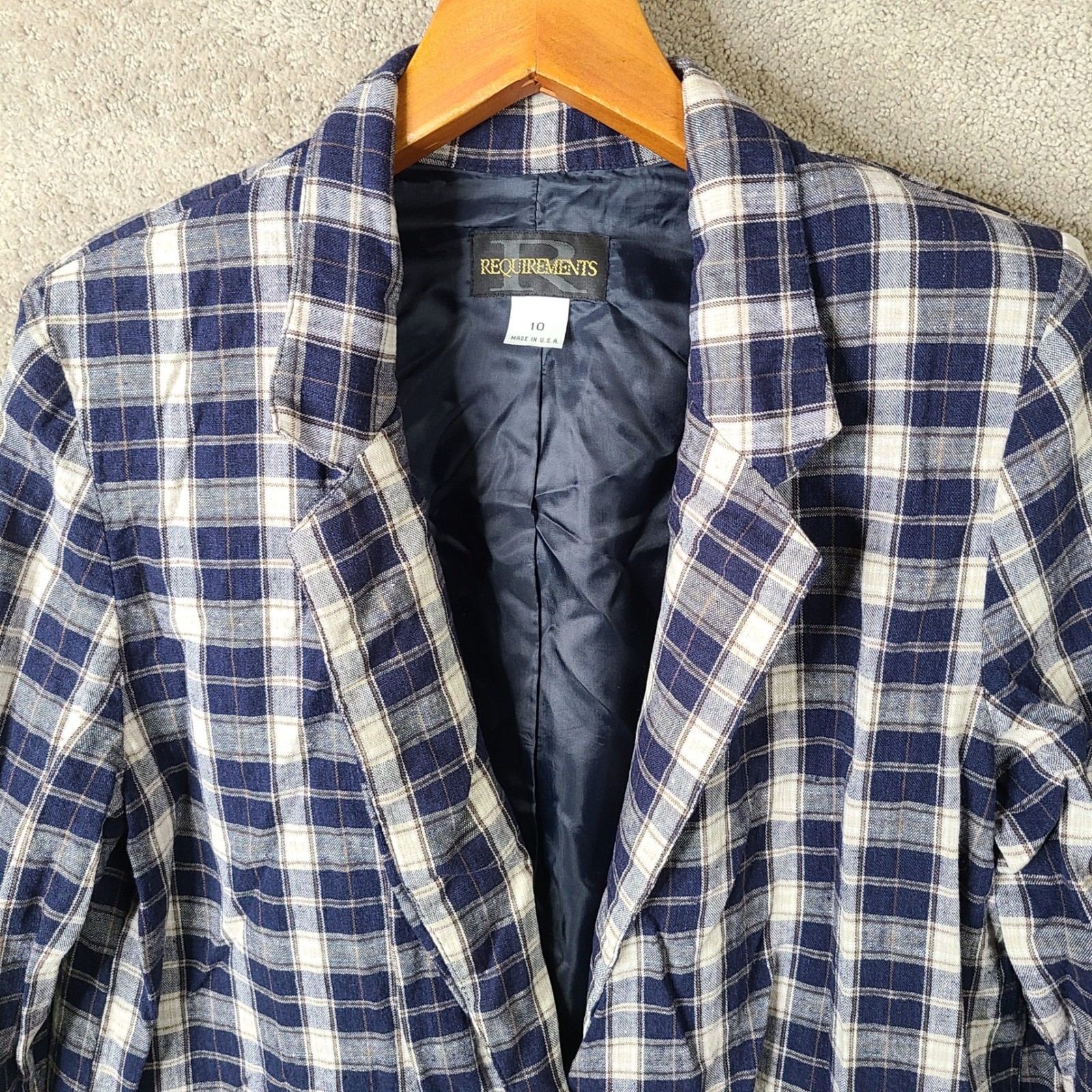 Vintage Requirements Jacket Womens 10 Blue White Plaid Linen Blend Blazer USA