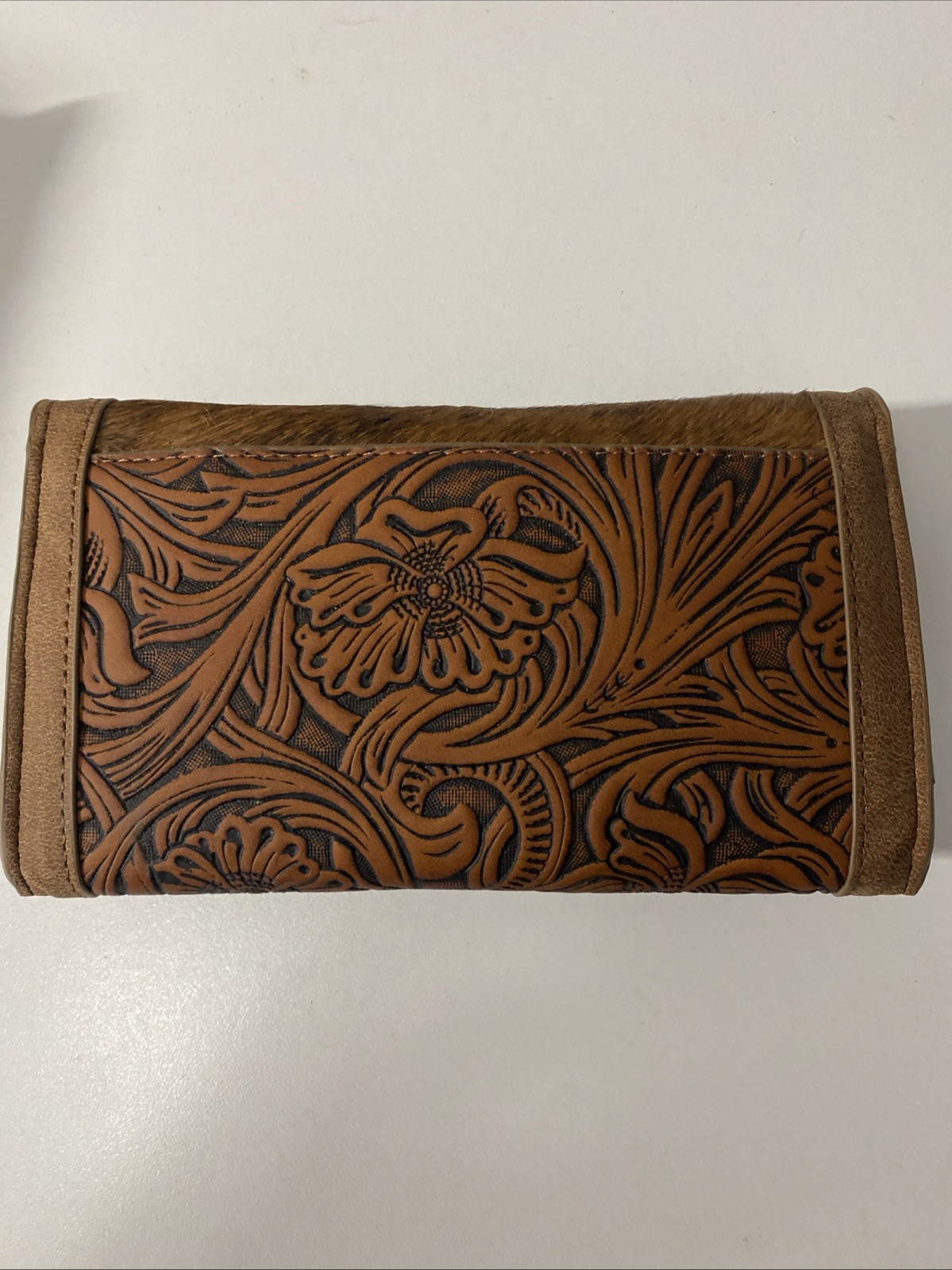 Wrangler Genuine Cowhide/Faux Leather and Canvas Crossbody Wallet Wristlet Brown