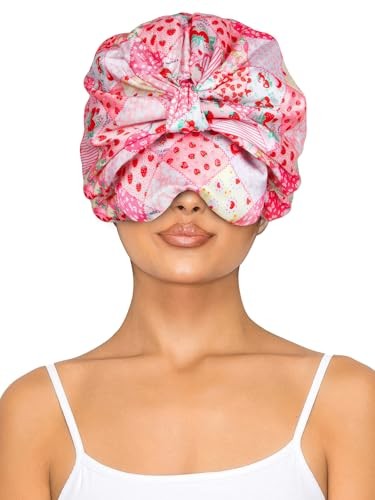 Double Layer Satin Bonnet with Eye Mask Adjustable Silk Sleep Pink Strawberry