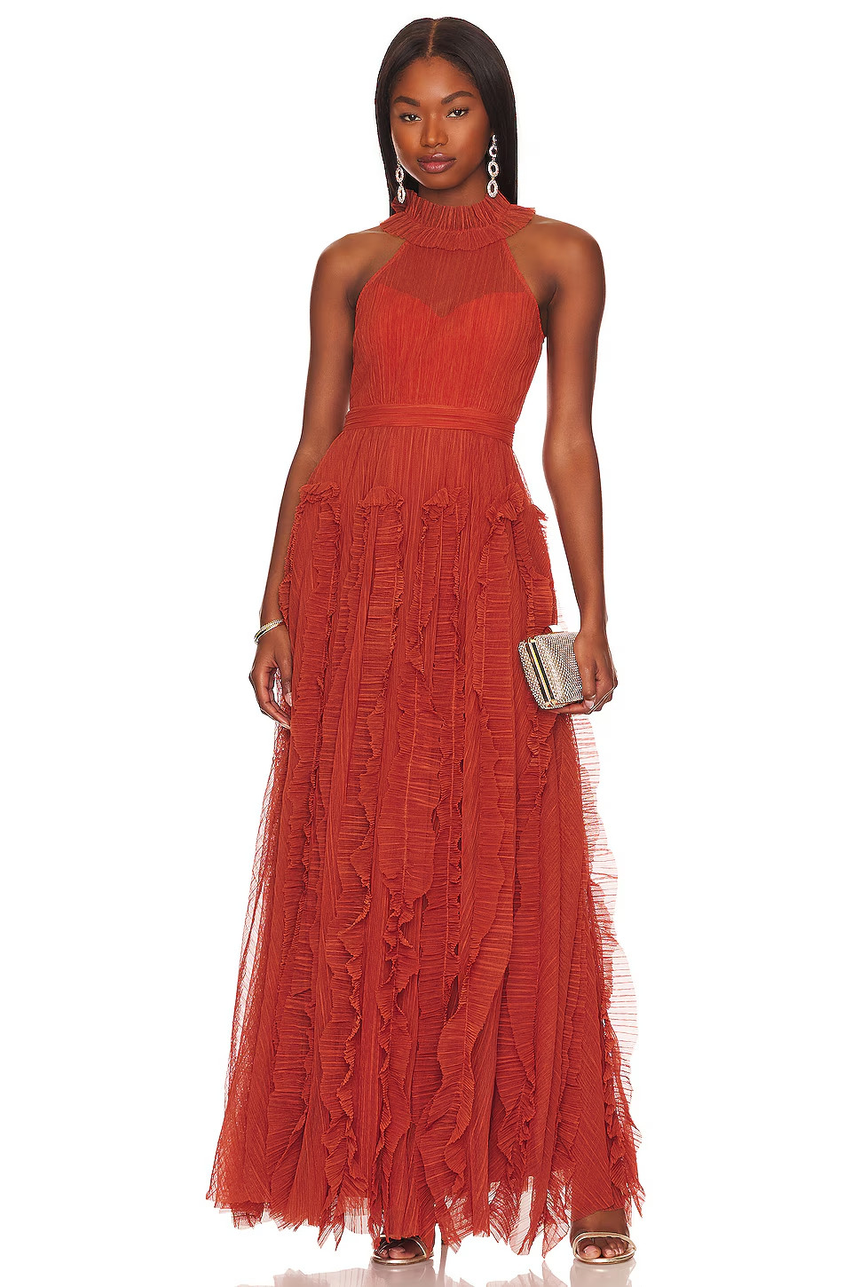 NWT BCBG MaxAzria Marvyn in Cinnamon Stick Tulle Halter Evening Gown Dress 14