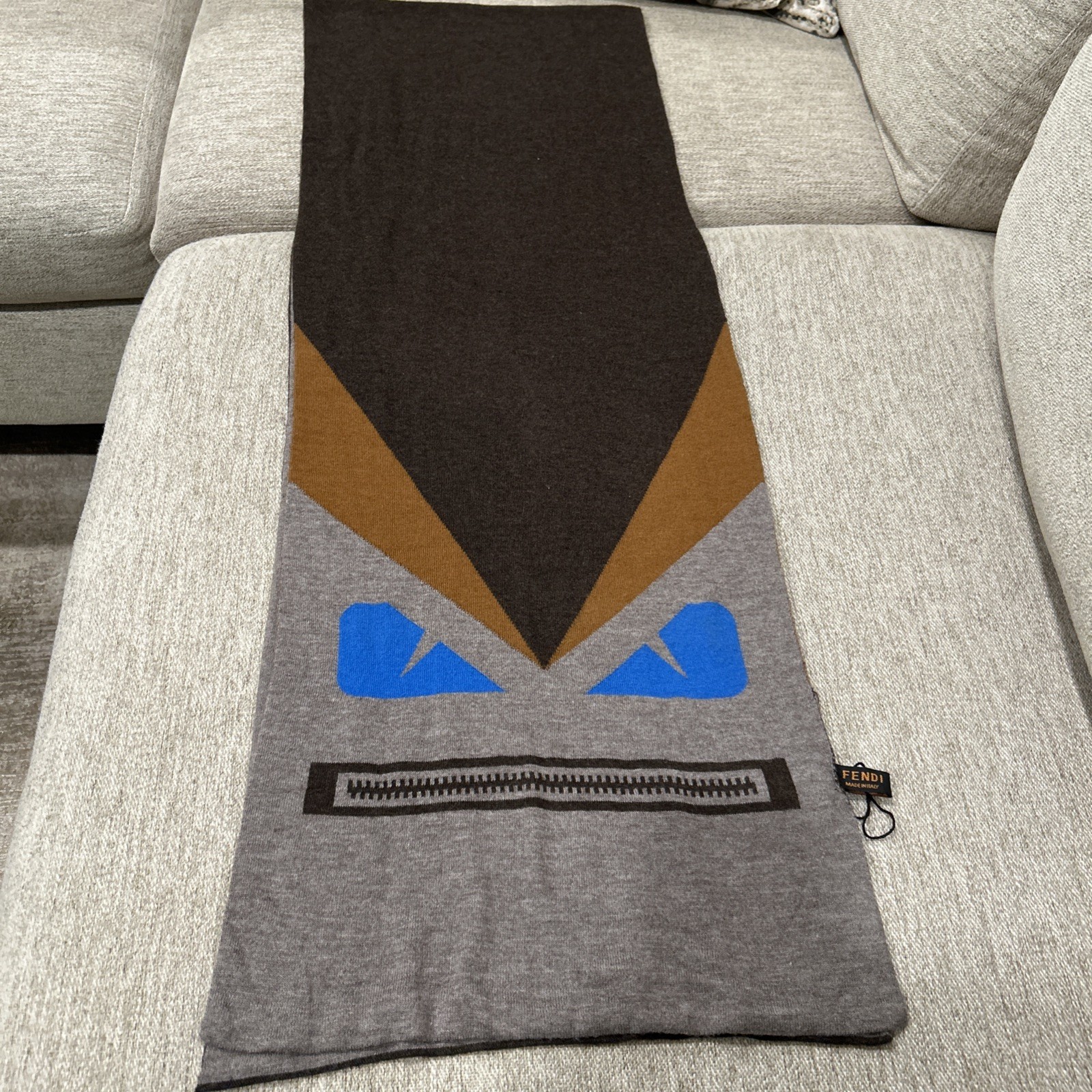 FENDI Monster Eyes Zipper Mouth Wool/Cashmere 70”L/12”W Scarf NWOT Brown/Blue