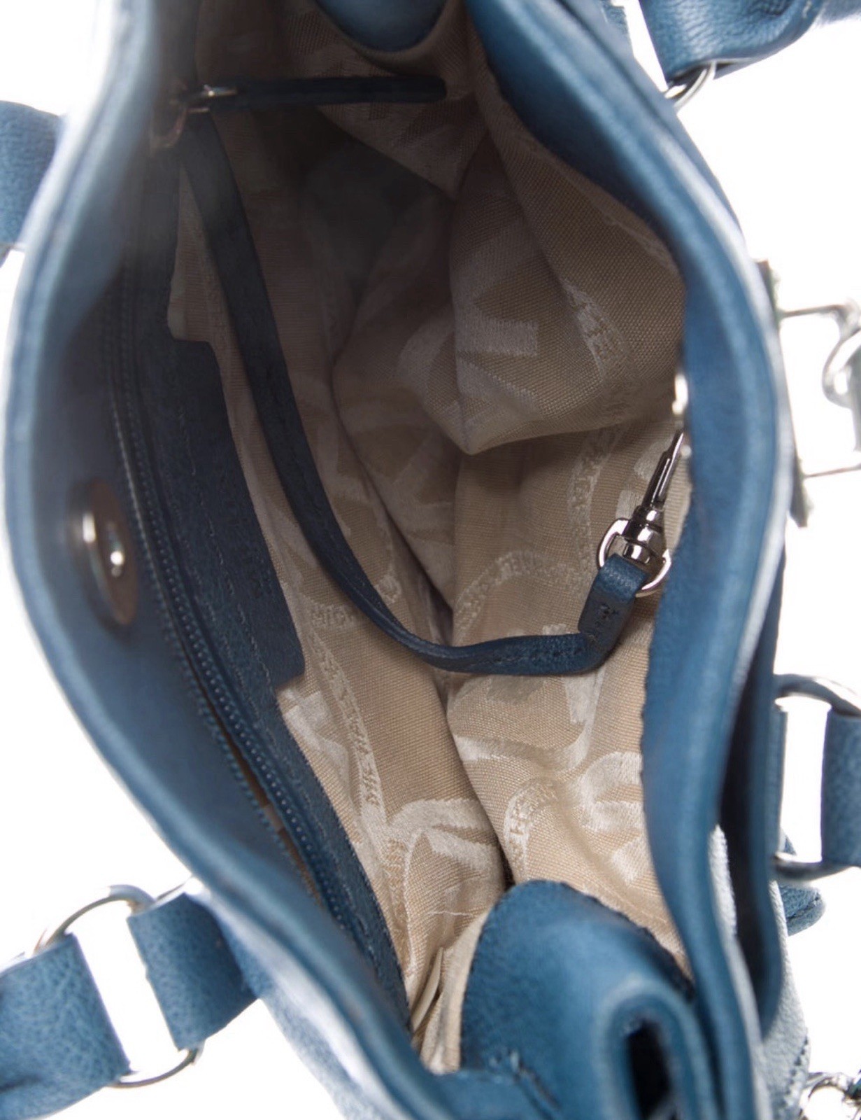Michael Kors Blue Logo Satchel Top Handle Padlock Chain Strap Silver Hardware