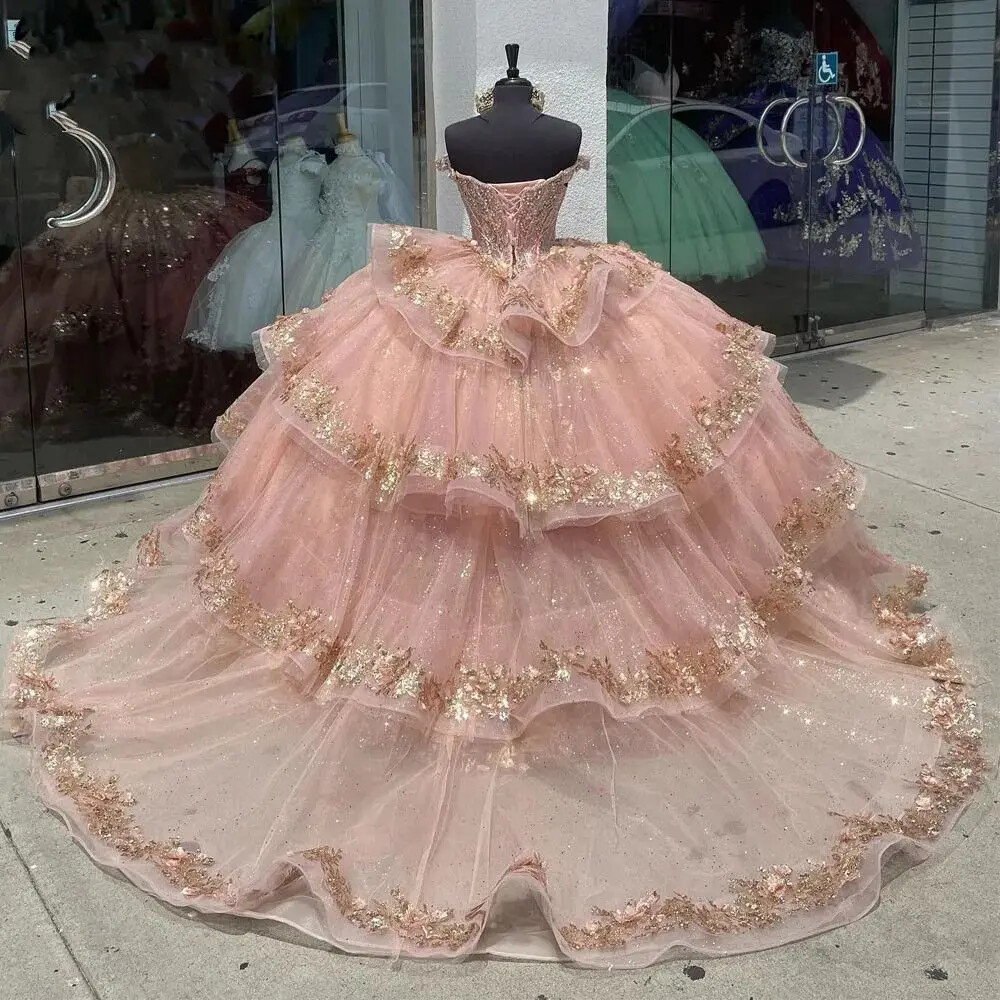 Blush Pink Quinceanera Dresses Off Shoulder Sparkling Beaded Ball Gowns Sweet 16