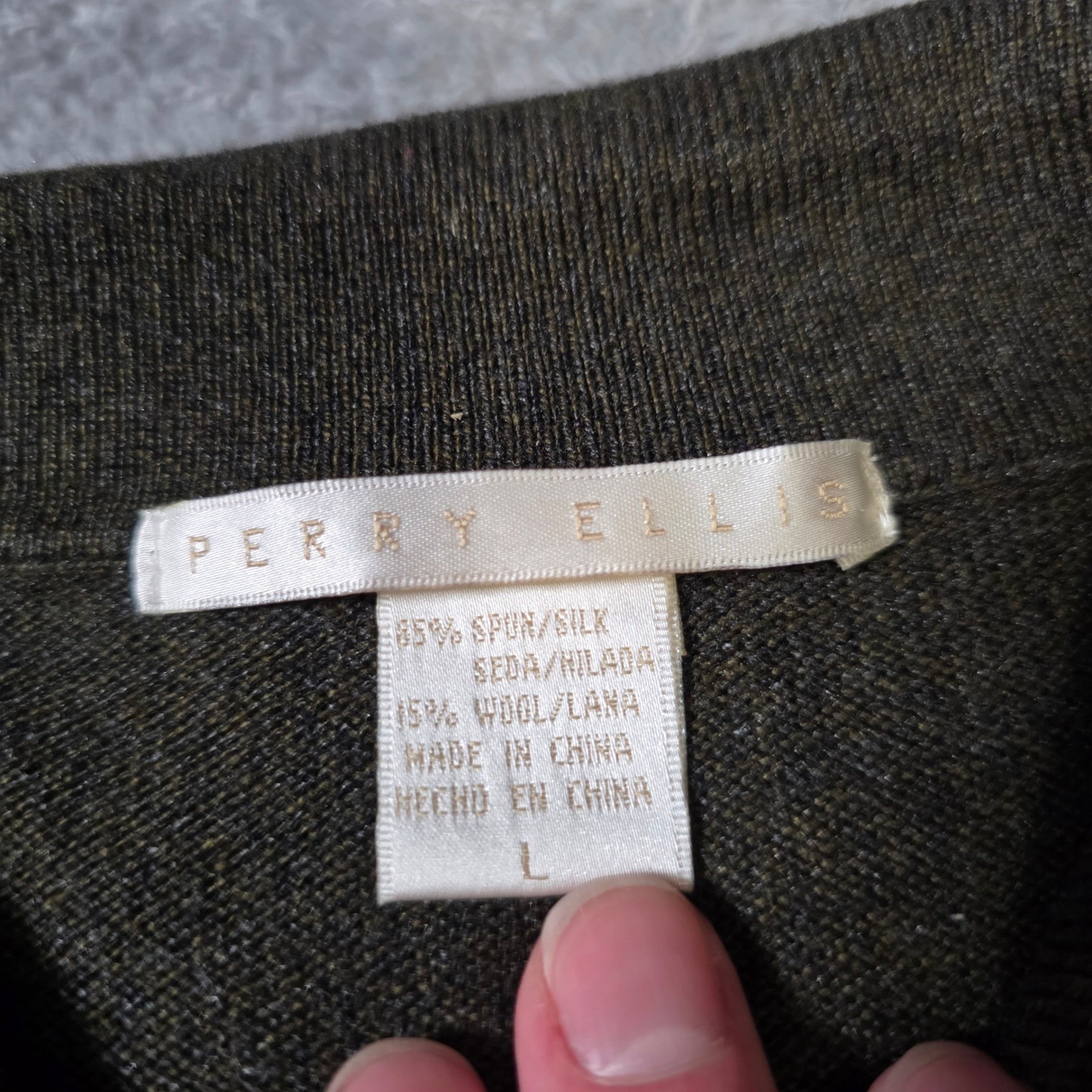 Perry Ellis Mens L Polo Sweater Loden Green Silk Wool Diamond Knit MJ4930 NEW