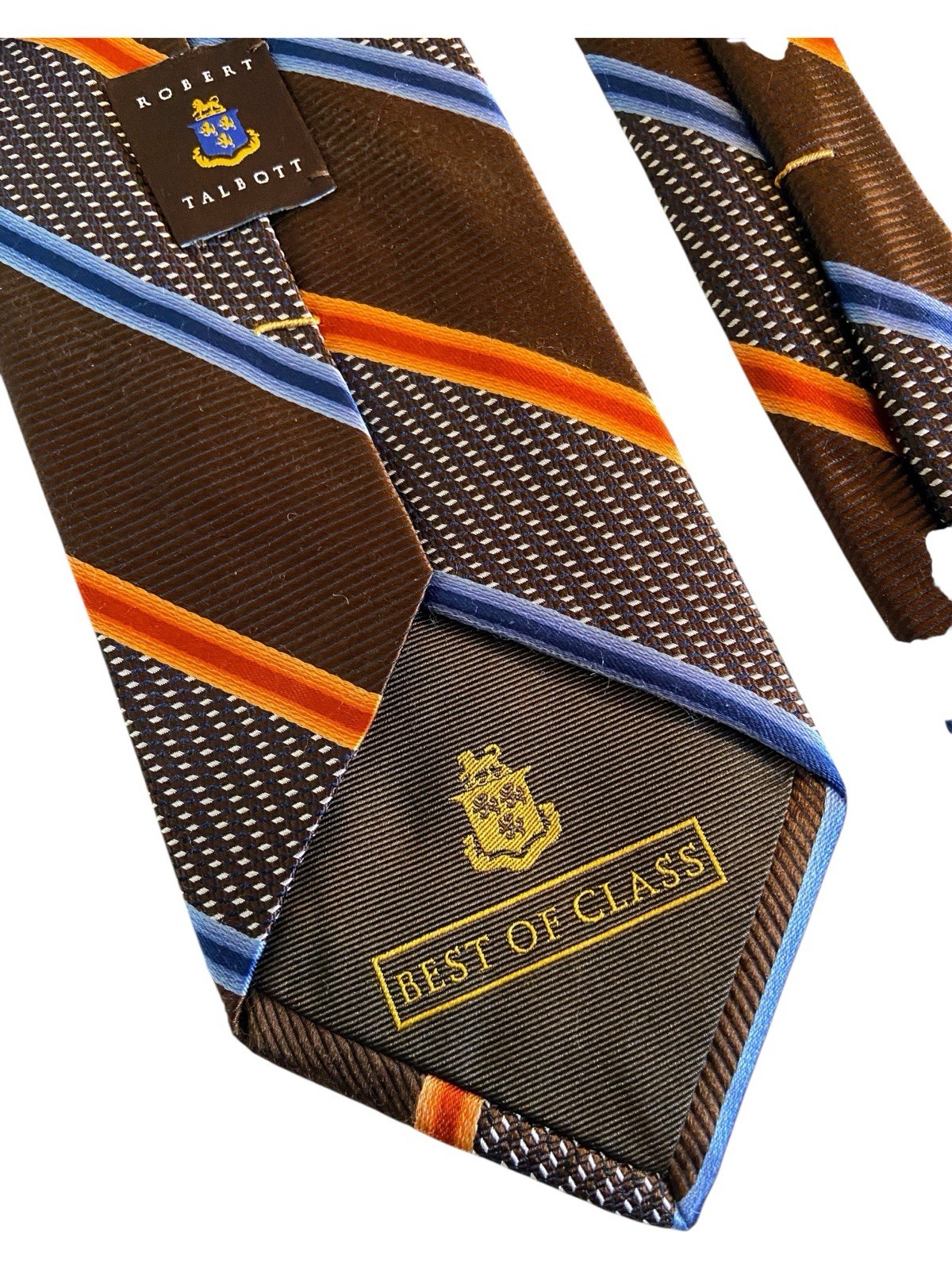 Robert Talbott Best Of Class Silk Tie Brown Orange Navy Blue Striped Hand Sewn
