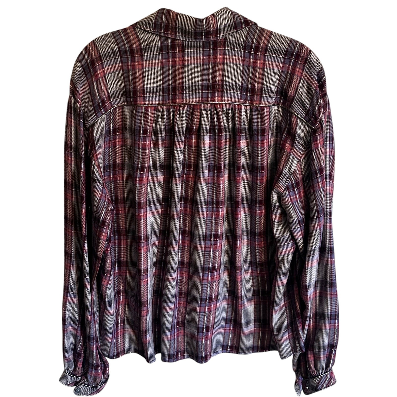 Bella Dahl Trimmed Flowy Top Womens Large Multicolor Plaid Shimmer Preppy Shirt