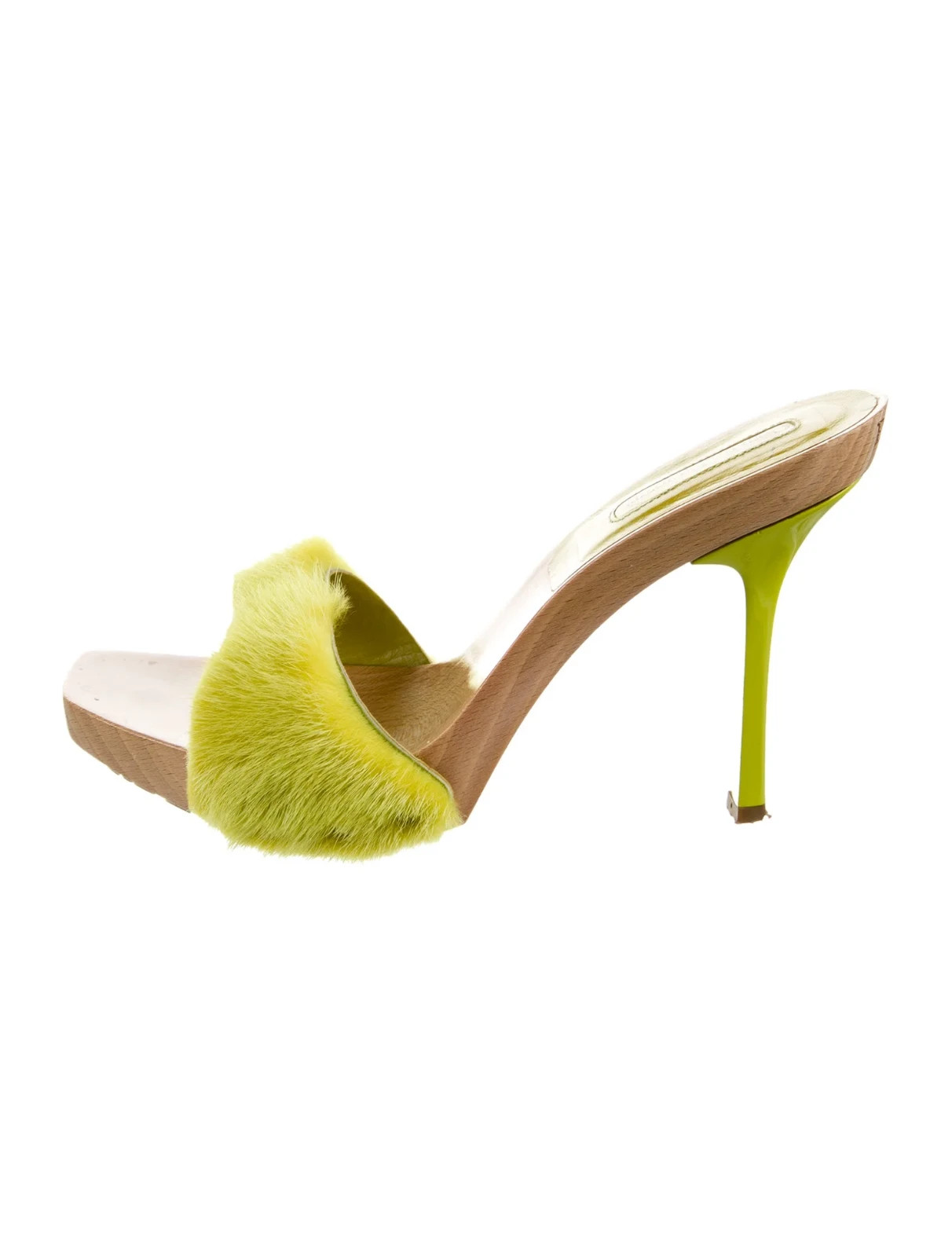 Cesare Paciotti Green Fur Platform Slides Wooden Sole 7 IT 37 Good Condition