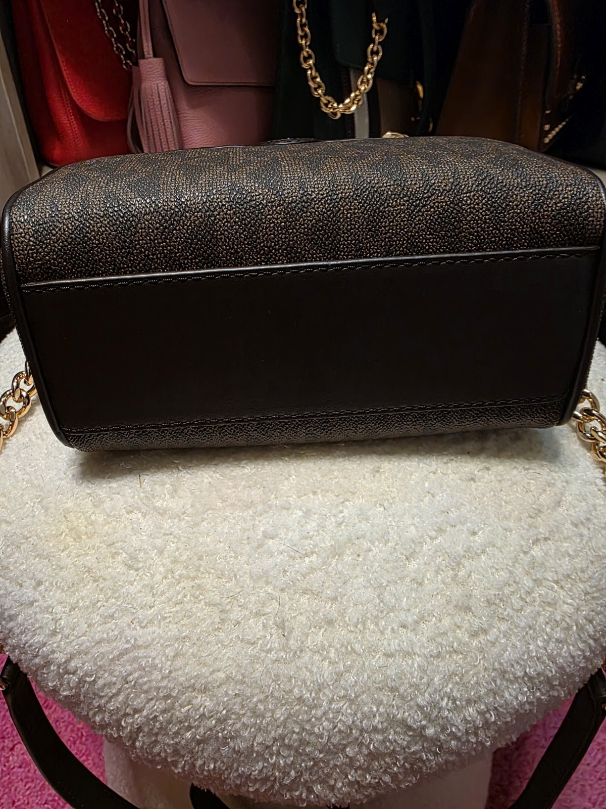 Michael Kors Blaire XS Duffle Crossbody Bag Brown Logo Zip Gold Chain + Charm