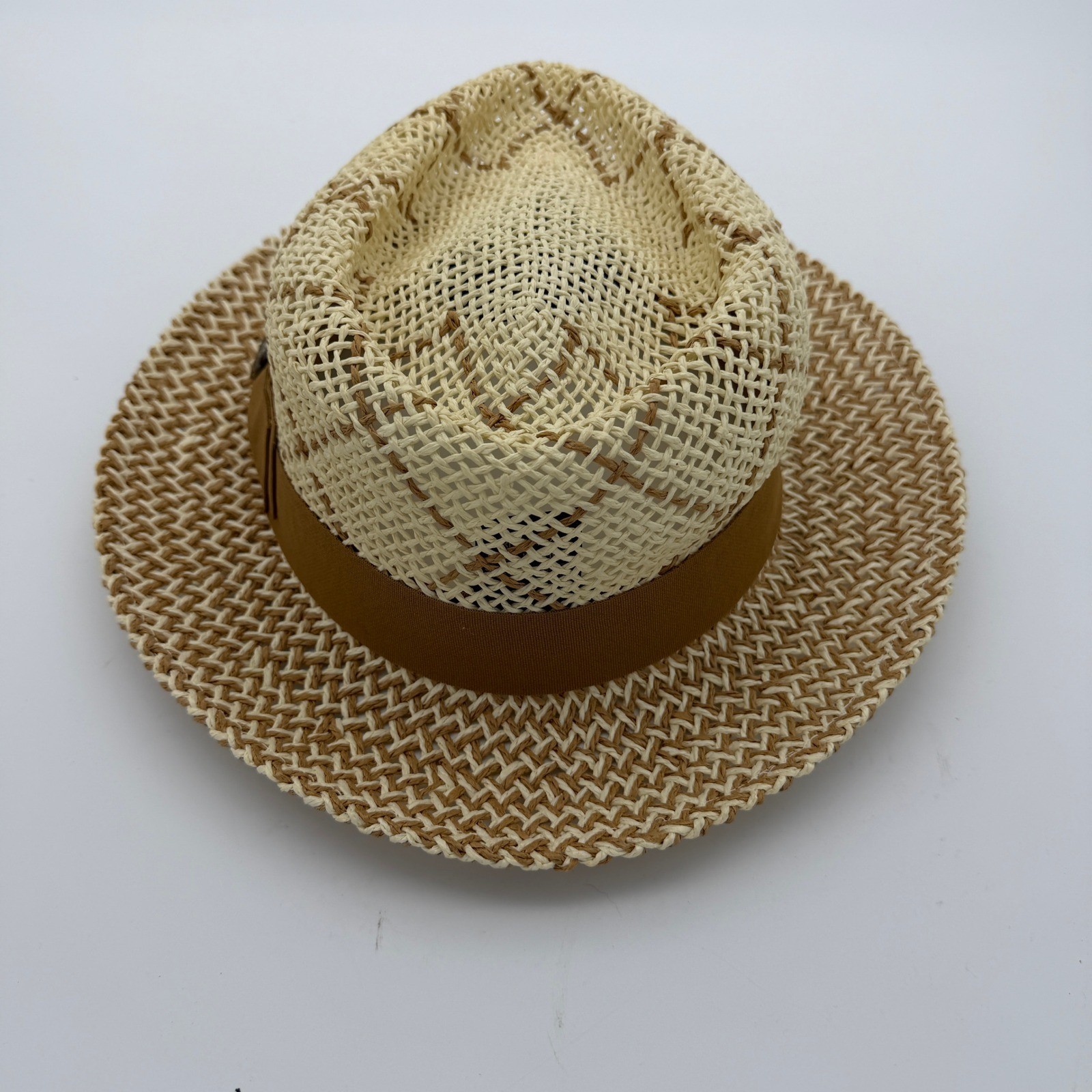 Bruno Capelo Enrico Collection Straw Fedora Hat Tan Cream Diamond Weave XL Mens