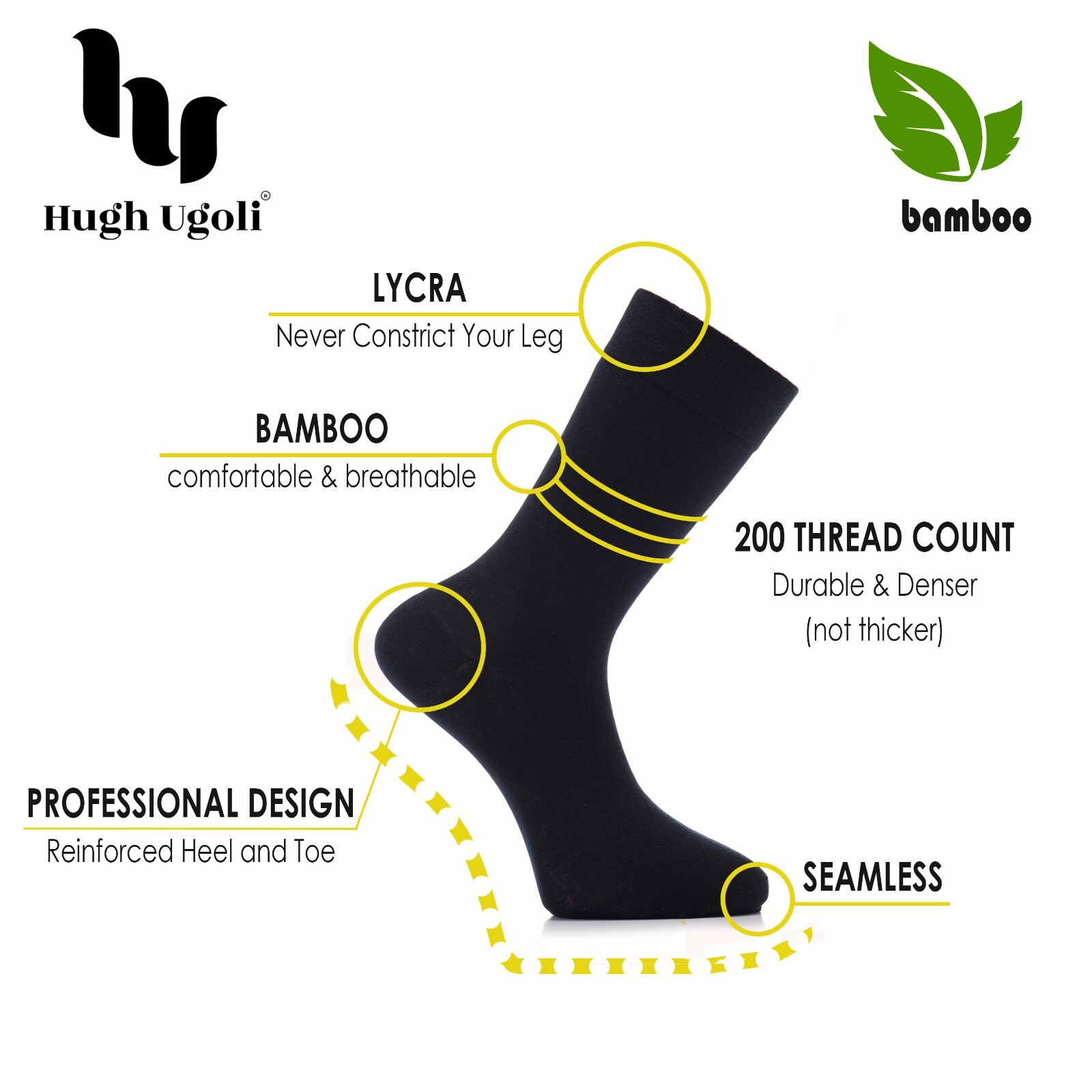 Hugh Ugoli Men’s Bamboo Dress Socks Seamless Toe and Thin, 4 Pairs, Size: 8-12