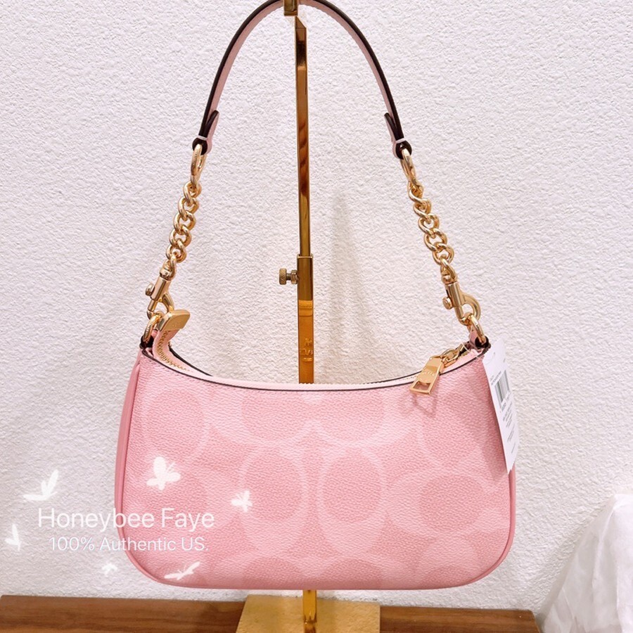 NWT Coach Teri Shoulder Bag In Signature CAL51 Powder Pink plus extended chain