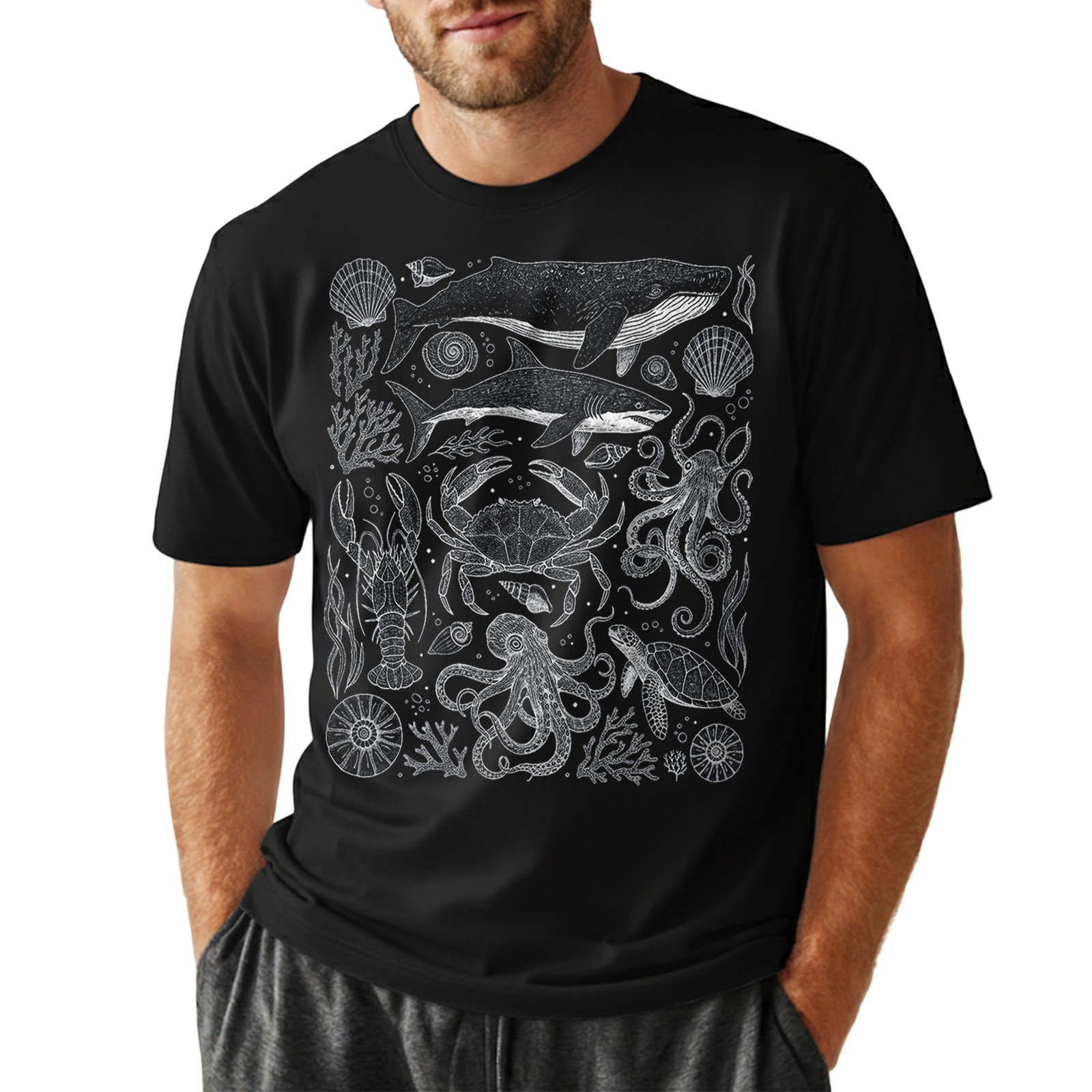 Marine Life Whale Crab Octopus Nautical Retro Engraving Vintage Gift Tee