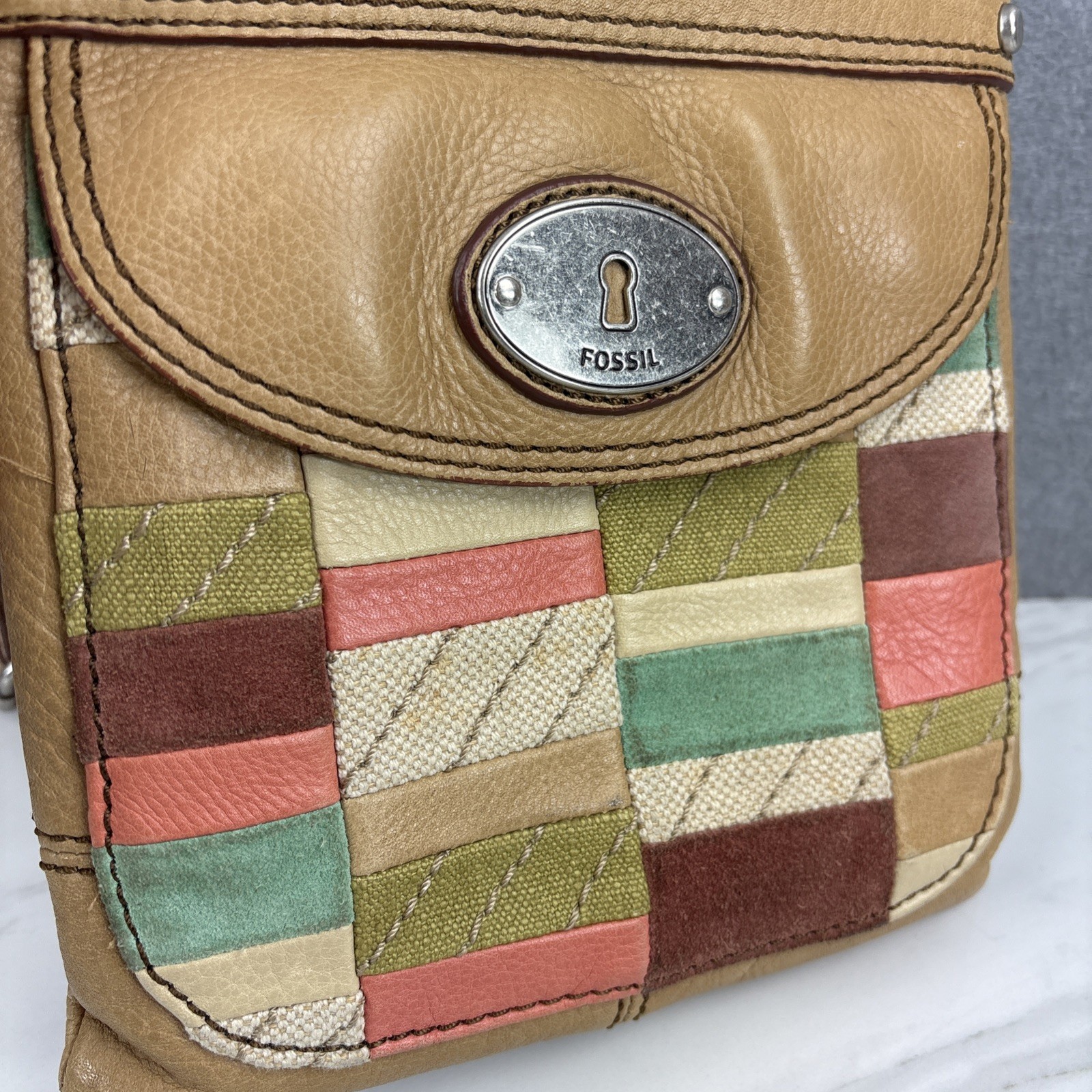 Fossil Maddox Patchwork Colorblock Lt Tan Leather Adj Strap Y2K Crossbody Purse