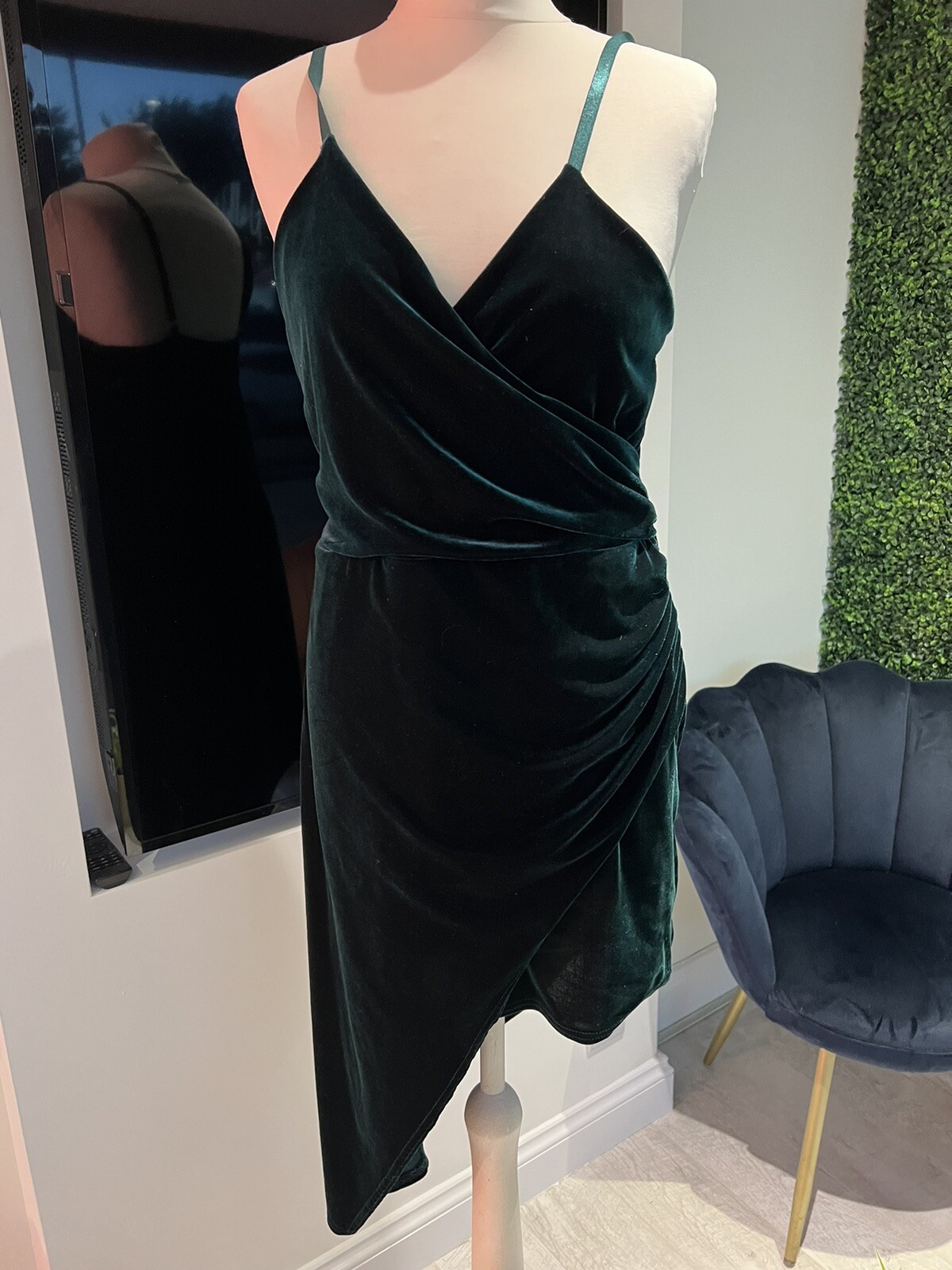 Y2K SIZE 16 Quiz Dark Green velvet Asymmetrical Stretchy Evening Dress